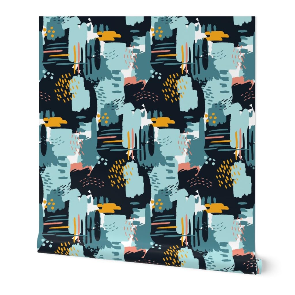 Commercial Grade Spoonflower Wallpaper Swatch - Large Painterly Blue & Gold Abstract Design with Paint Brush Motif | Perfect for Kids' Rooms, Nurseries & Modern Home Decor