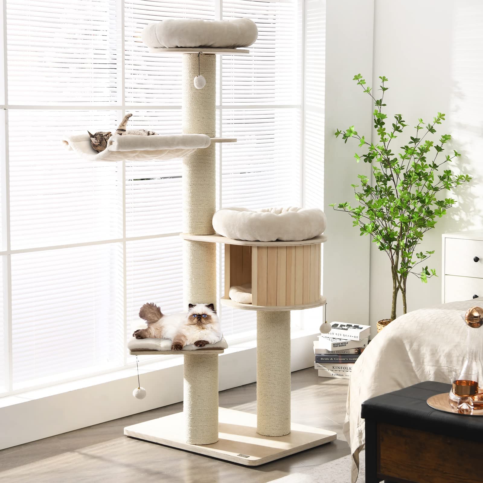 Tangkula Modern Multi-Level Cat Tree for Large Cats - Tall Wooden Cat Tower with Condo, Hammocks, Hanging Basket & Sisal Scratching Posts - Washable Cushions for Indoor Cats - Perfect for Play, Rest & Climbing in Home or Office