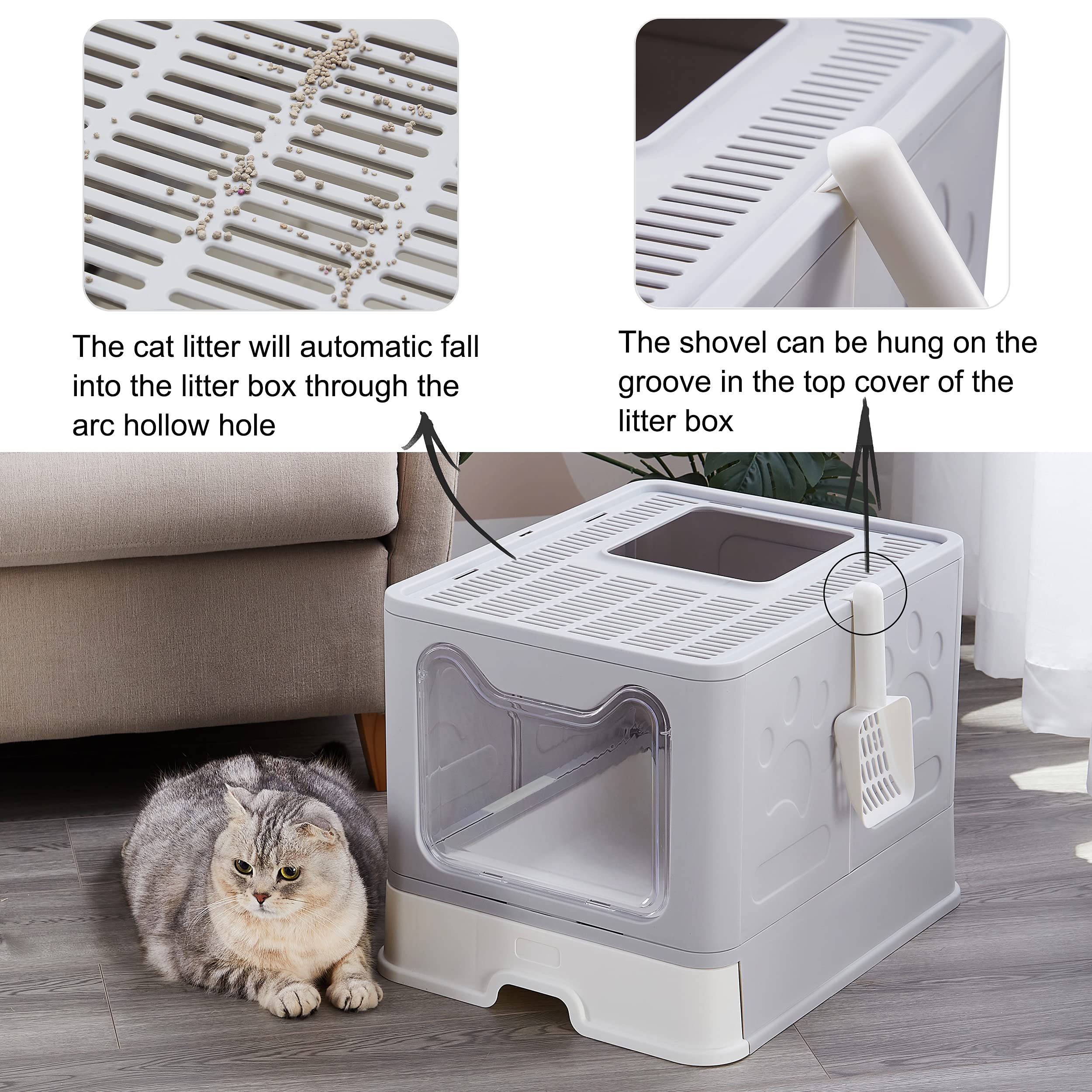 Foldable Cat Litter Box with Lid - Large Top Entry Enclosed Litter Box with Scoop, Anti-Splashing Design & Easy Clean Drawer - Perfect for Small Spaces & Travel (Grey)