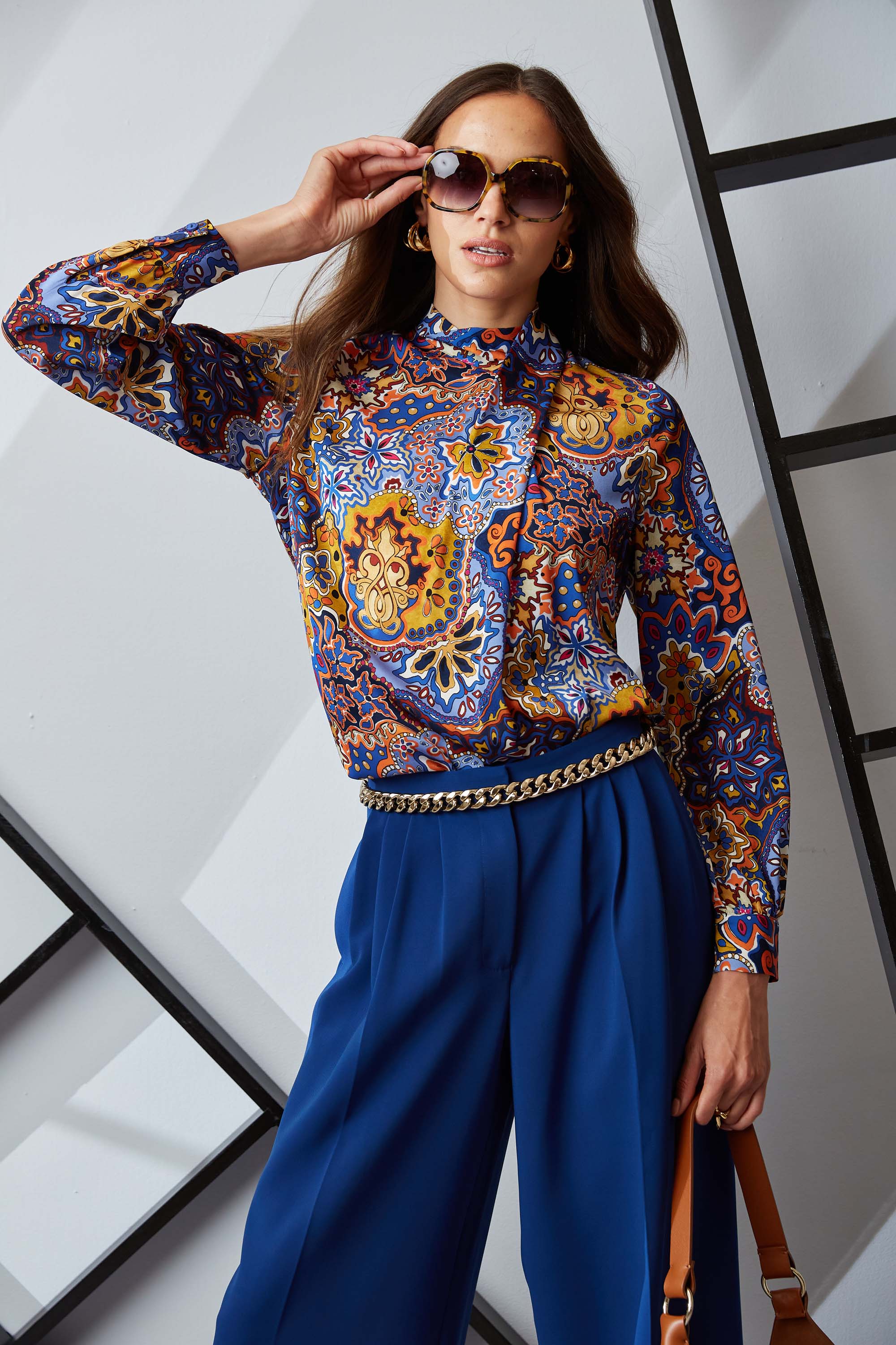 Silk Draped Shirt for Women - Elegant Night Garden Print Blouse for Evening Wear & Special Occasions