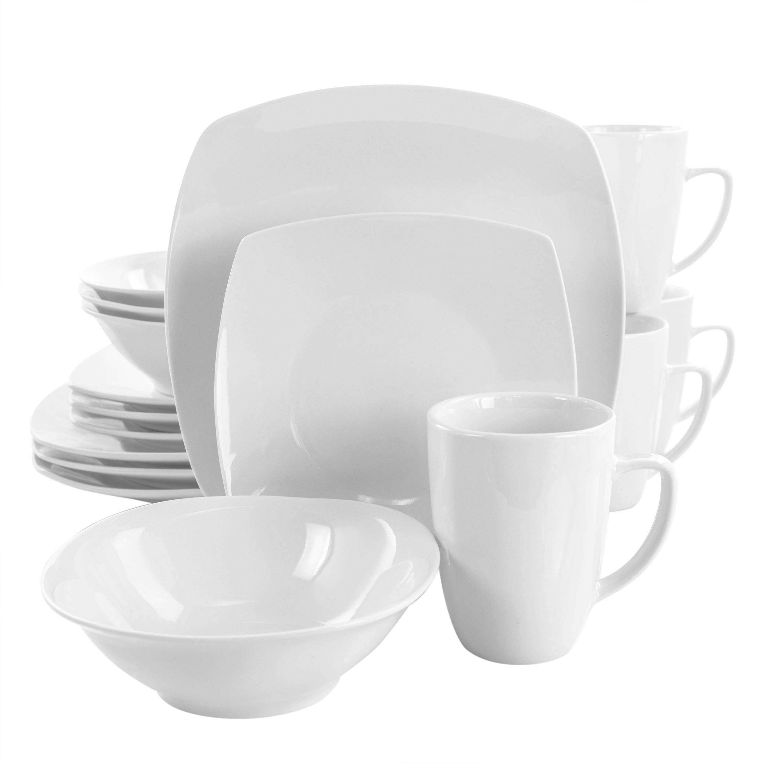 Elama 16-Piece Porcelain Dinnerware Set for 4 - Square White Plates, Bowls & Mugs - Elegant Dinnerware for Family Meals, Dinner Parties & Restaurant Use