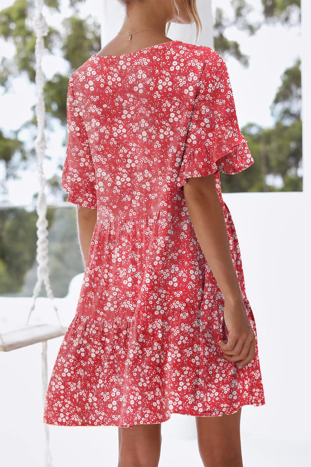 Nclook Women's 2025 Summer Casual Dress - Sweet Cute V-Neck Mini Dress with Pockets, Short Sleeve Ruffle Floral Dress for Beach, Party & Daily Wear