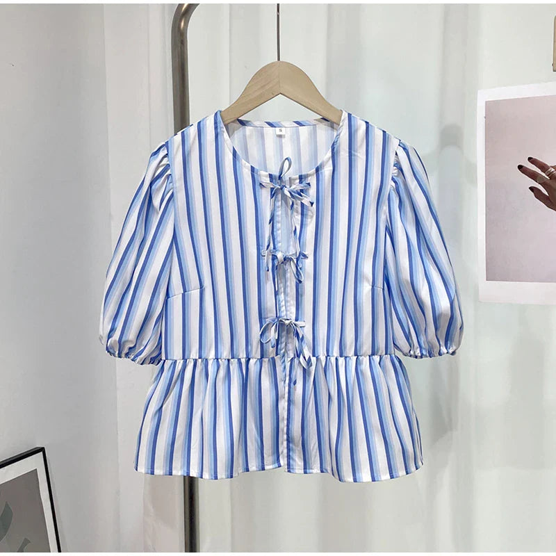 Women's Fashion Print Bow Lace-Up Blouse - Loose V-Neck Short Puff Sleeve Top for Spring & Summer | Casual Floral Shirt for Ladies | Perfect for Office Wear, Date Nights & Weekend Outings