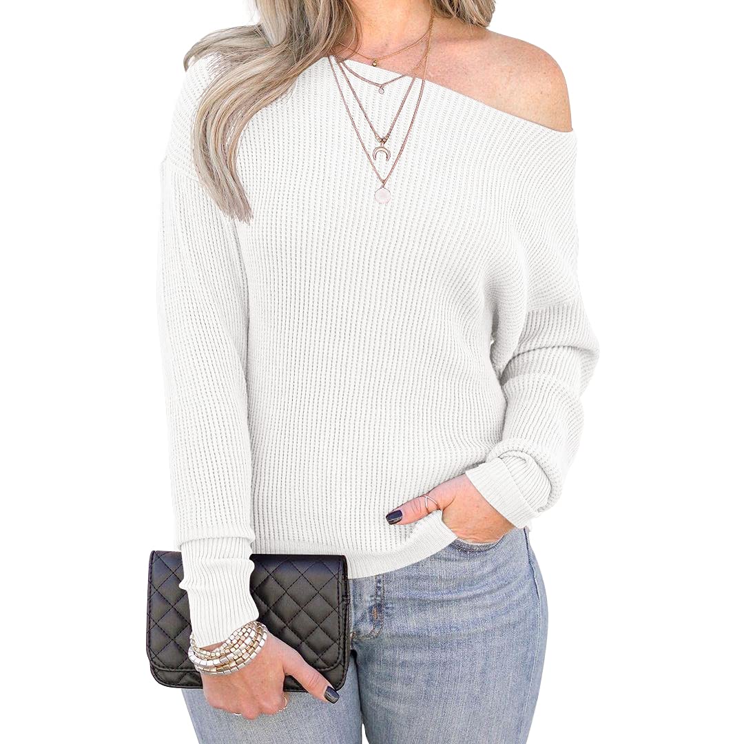IWOLLENCE Women's Off Shoulder Waffle Knit Batwing Sweater - Long Sleeve Loose Pullover for Casual Wear, Date Night & Fall Fashion