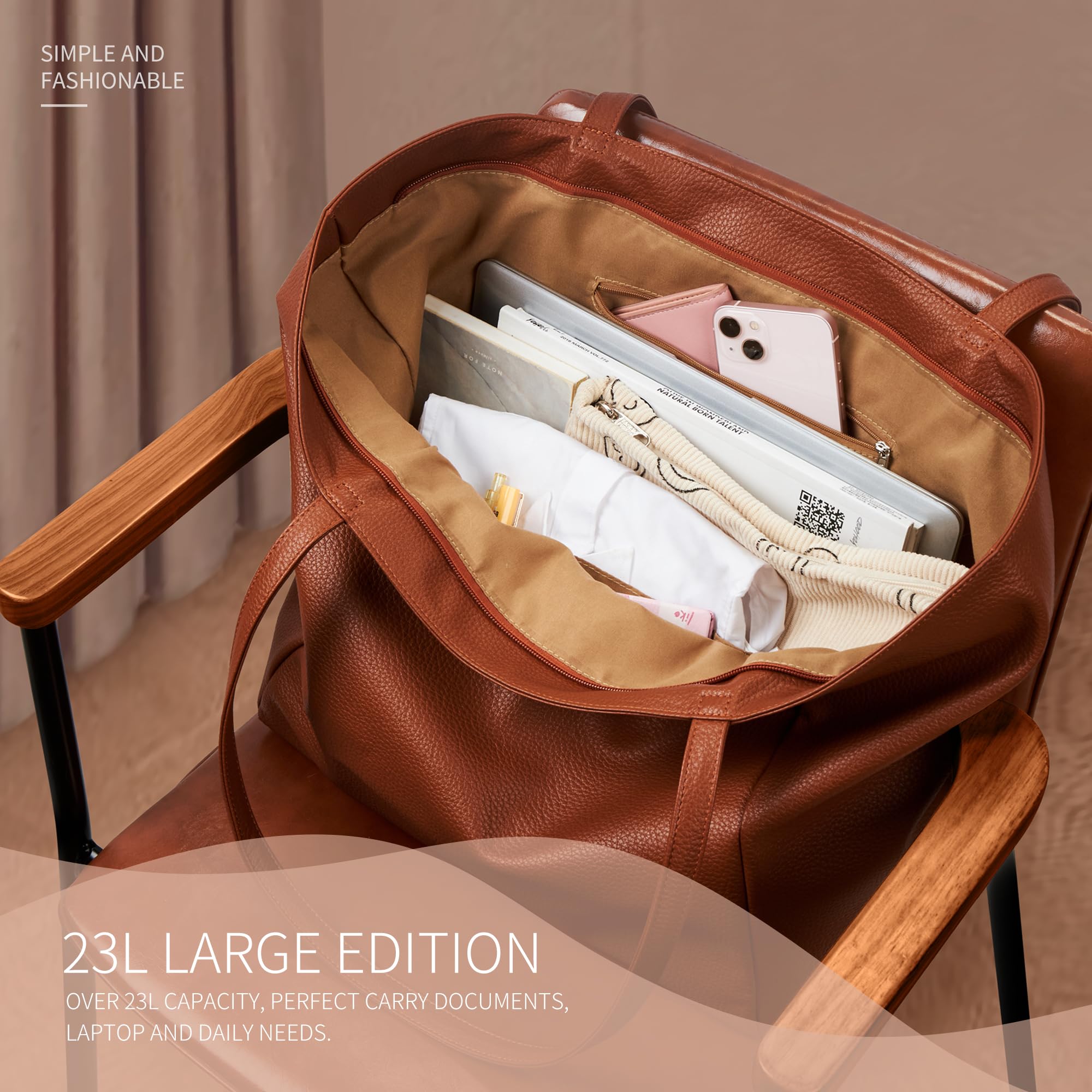 Vegan Leather Large Tote Bag for Women - 23L Oversized Work Bag with Zipper, Casual Weekender & Travel Shoulder Purse - Perfect for Office, Commuting, Weekend Getaways and Daily Essentials