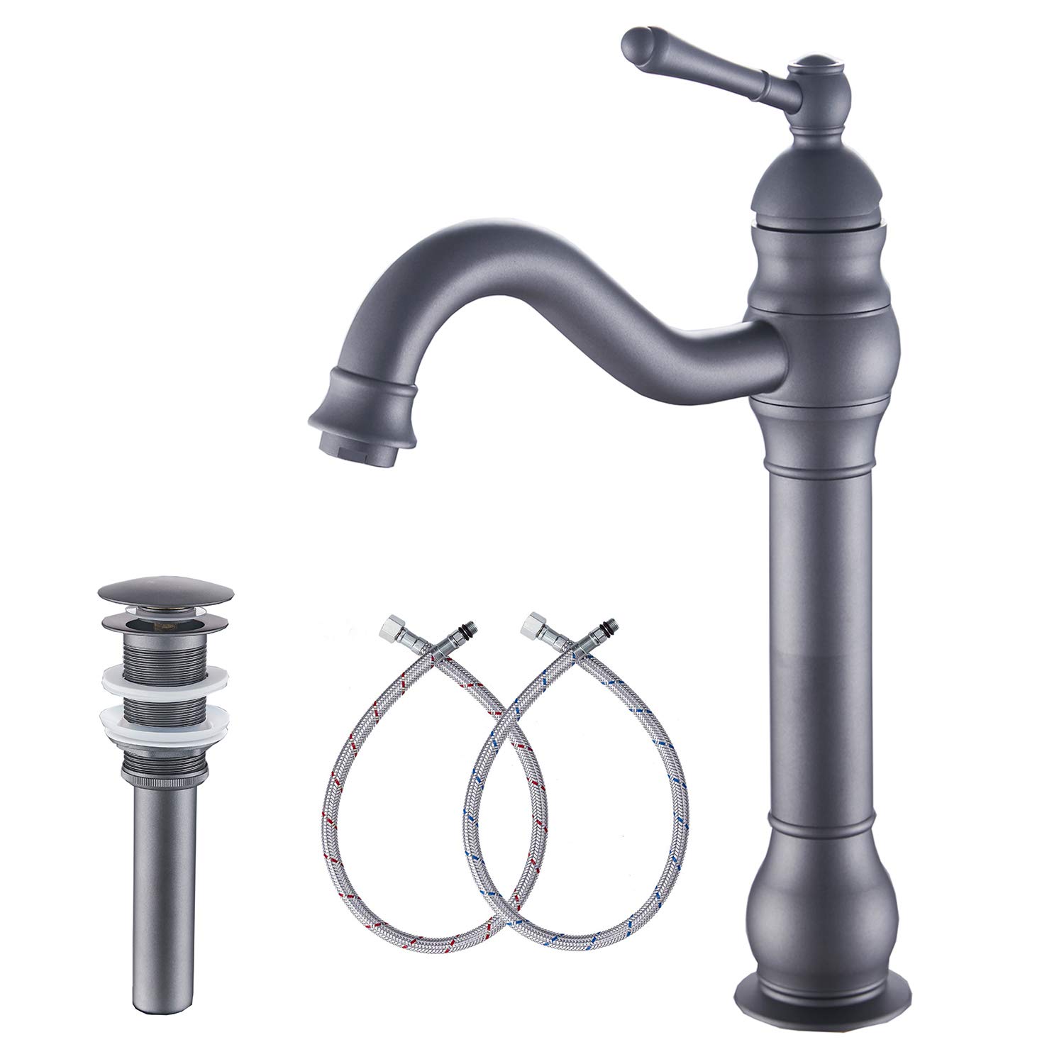 GGStudy 360° Swivel Single-Handle Bathroom Faucet - One Hole Vessel Sink Faucet with Pop Up Drain, Grey Farmhouse Vanity Faucet for Bathroom Sink, Perfect for Modern Farmhouse & Rustic Bathroom Decor