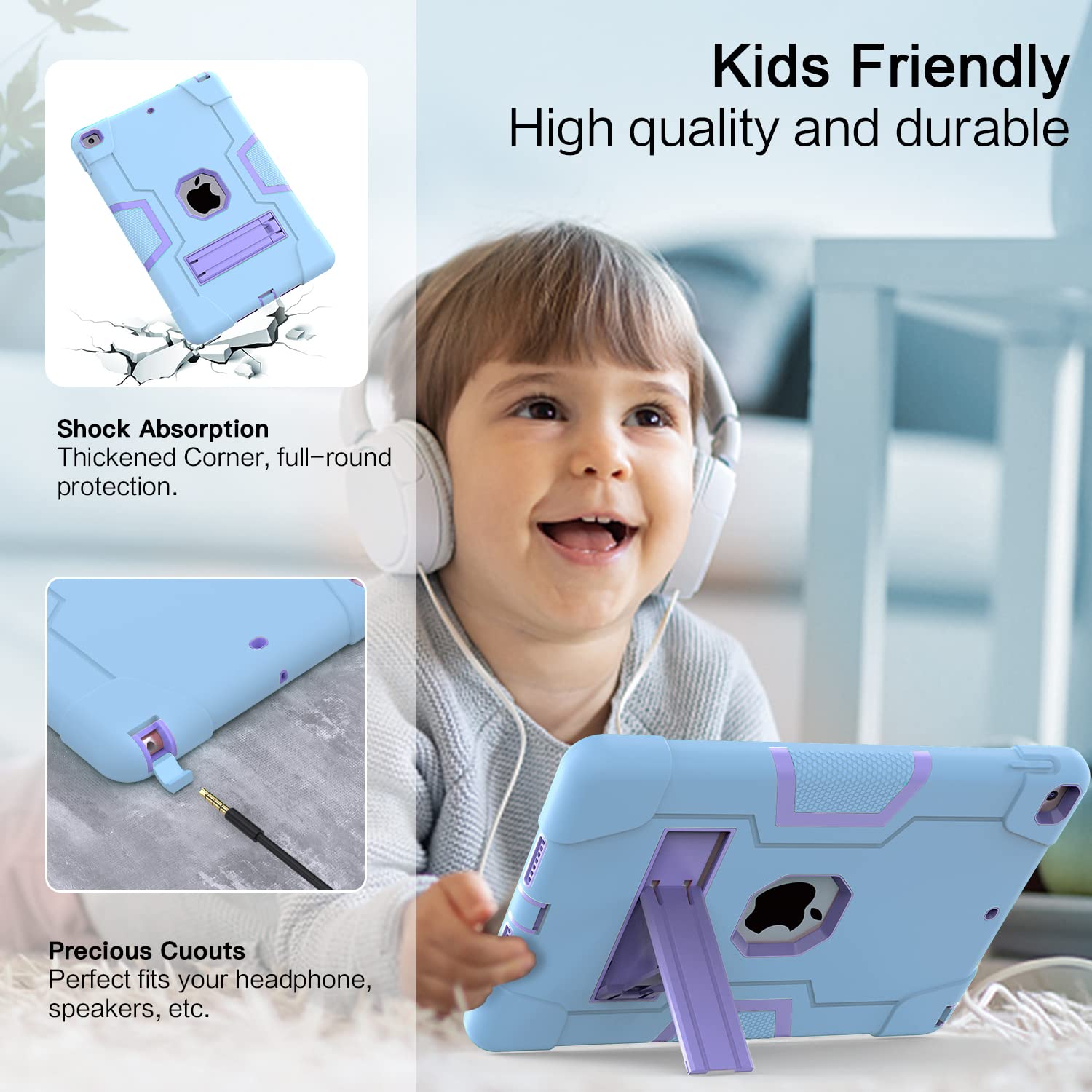 Shockproof Rugged iPad Case for 9th/8th/7th Gen 10.2-inch (2021/2020/2019) - Slim Heavy Duty Protective Cover with Built-in Stand, Sky Blue & Purple - Perfect for Travel, Work & School Use