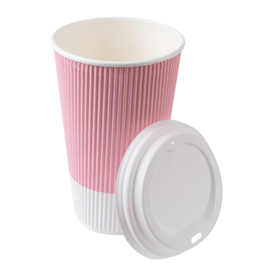 16oz Insulated Coffee Cups with Lids (200 Pack) - Leakproof & Non-Slip Hot Paper Cups for Tea, Hot Cocoa, Latte - Light Pink Ripple Wall Disposable Cups for Coffee Shops, Offices & Events