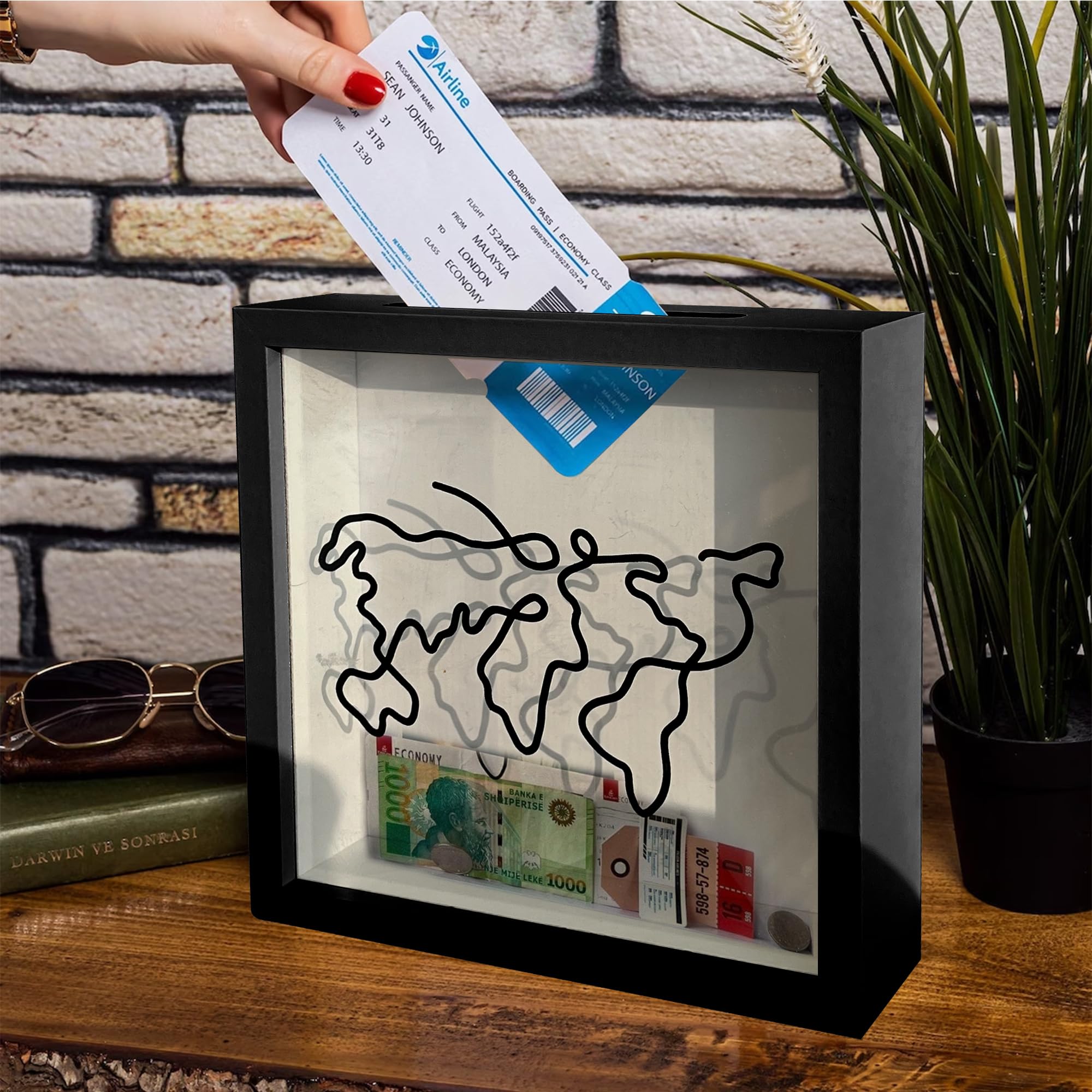 12 Inch Adventure Archive Travel Memory Box - Shadow Box with Ticket Slot, Small Keepsake Storage for Travel Mementos - Perfect for Displaying Vacation Tickets, Photos & Souvenirs (Black Travel Frame)