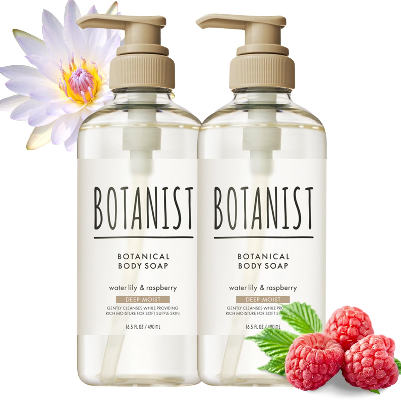Botanist Deep Moisturizing Body Wash with Shea Butter & Coconut Oil - Hydrating Daily Cleanser for Dry Skin - Sulfate, Paraben & Dye Free - Water Lily & Raspberry Scent - 16.5 Fl Oz (Pack of 2) - Perfect for Shower, Bath & Family Use