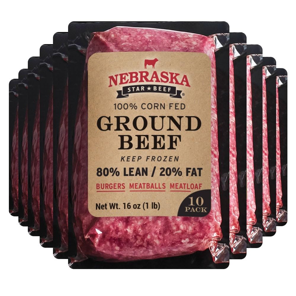 Nebraska Star Beef Angus Ground Beef (10 x 1lb Packages) - 80/20 Lean Premium Frozen Hamburger Patties for Grilling, BBQ & Family Meals
