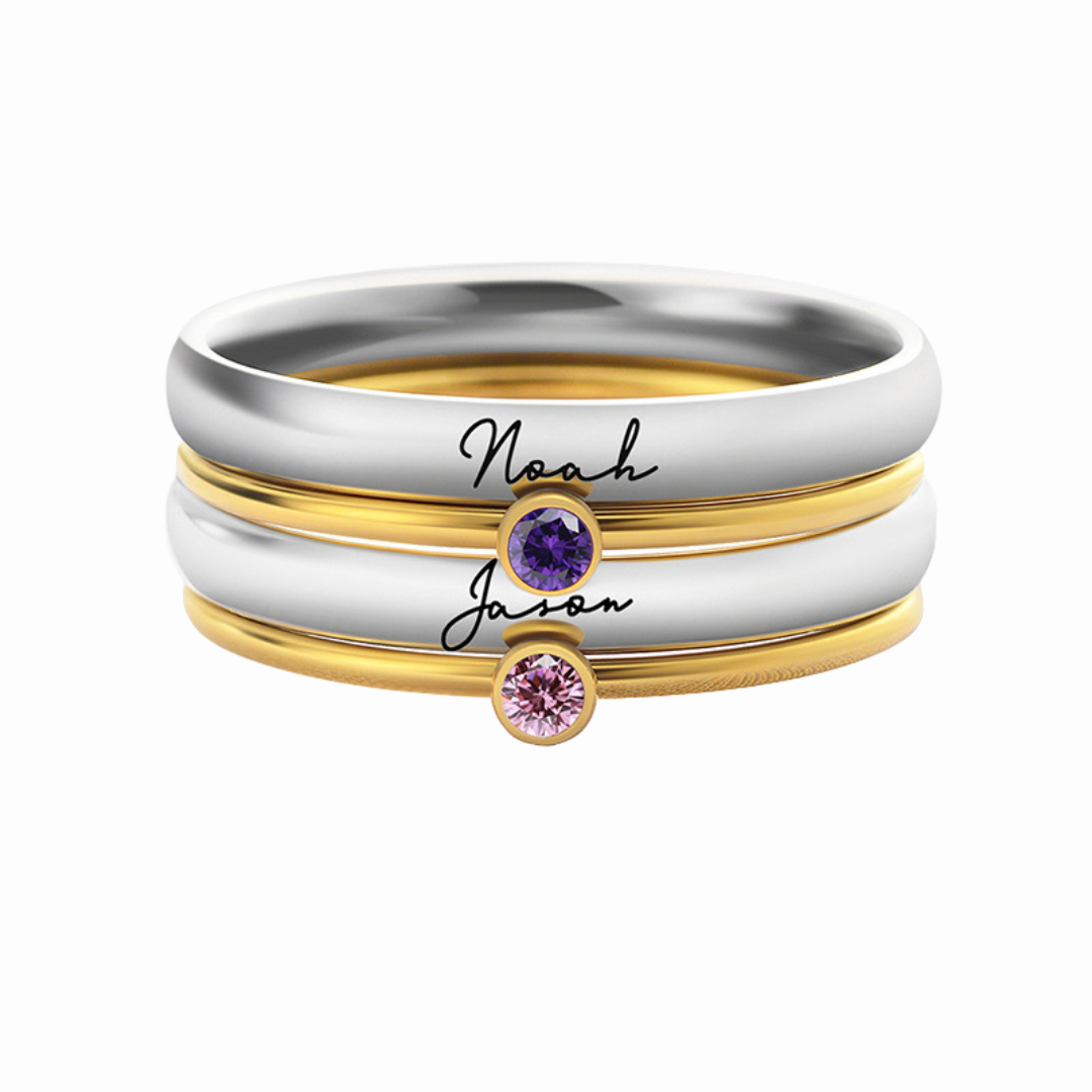 Personalized Birthstone Stacking Rings for Women - Custom Engraved Name & Date, Sterling Silver Stackable Rings Set - Perfect Gift for Anniversary, Birthday, Mother's Day & Valentine's Day