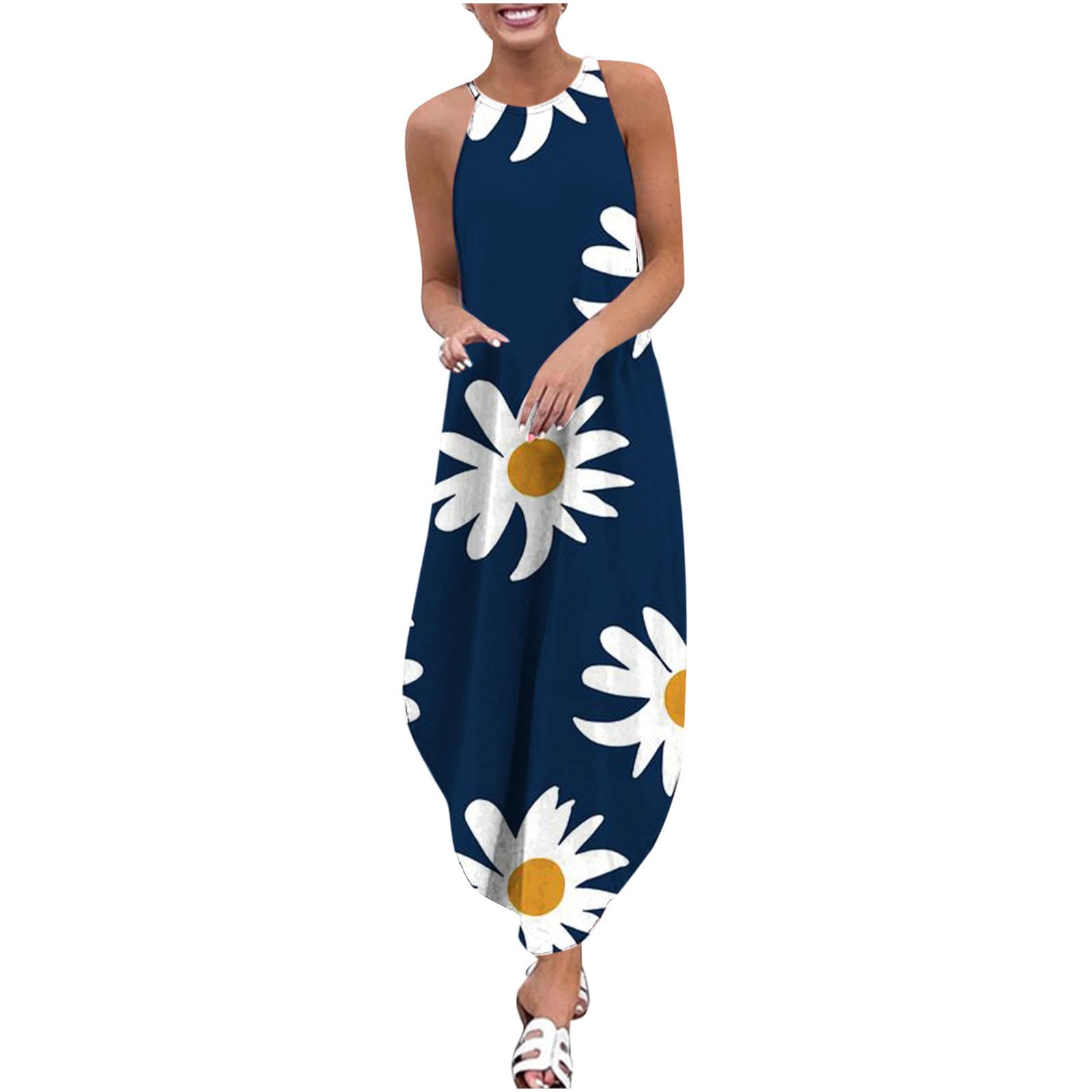 Women's Maxi Dresses Summer Boho Floral Sundress - Halter Neck Sleeveless Long Beach Cocktail Dress | Perfect for Beach Vacations, Summer Parties & Casual Outings