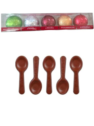 Bom Bombs Hot Chocolate Melting Balls with Marshmallows & Festive Spoon - 5 Chocolate Balls & 5 Spoons for Christmas Gifts, Cozy Winter Nights & Holiday Parties