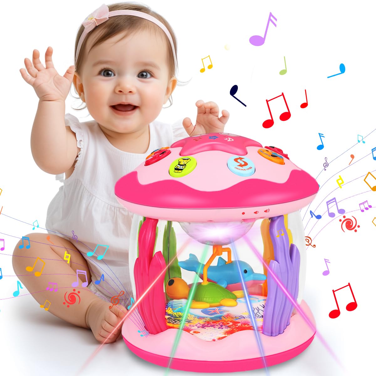 **Best Baby Girl Toys 6-12 Months: Ocean-Themed Rotating Light-Up Musical Toy for Crawling & Learning – Ideal for Toddlers 1-3 Years Old – Perfect Easter Gift (Pink) – Great for Playtime & Early Development**