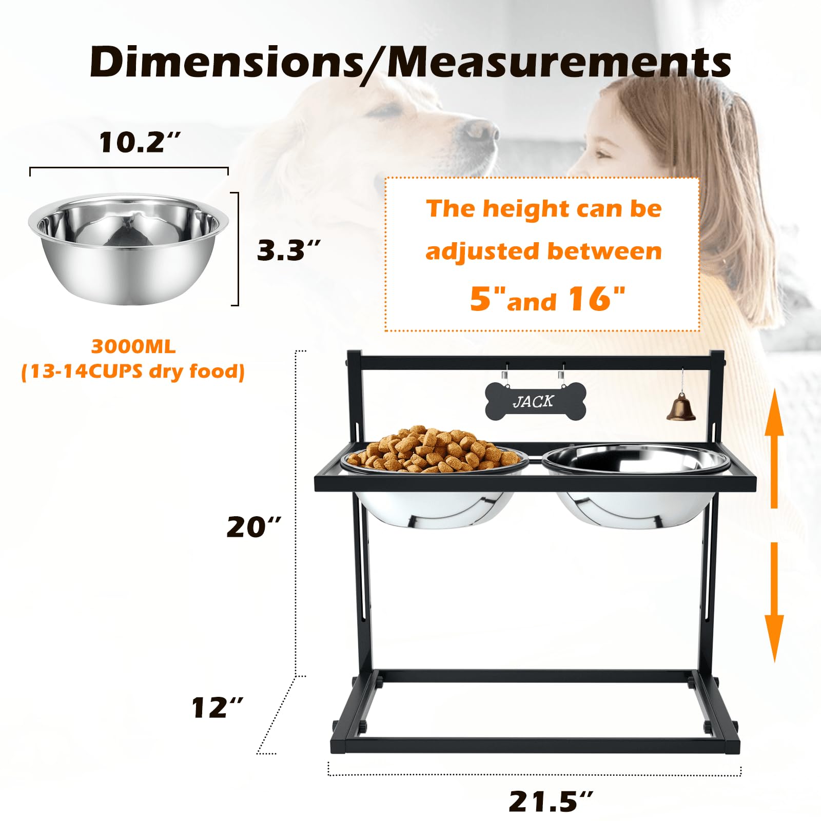 SHAINFUN Adjustable Height Elevated Dog Feeder Stand with 3000ML Stainless Steel Bowls - Perfect for Large Breed Dogs, Improves Posture & Digestion - Ideal for Home, Kitchen or Outdoor Use
