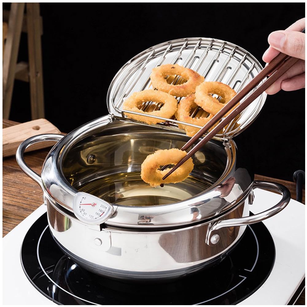 Japanese Style Tempura Deep Fryer Pot with Thermometer, Lid & Oil Drip Rack - 7.9 Inch 2.2L 304 Stainless Steel for French Fries, Fish, Shrimp, Chicken - Perfect for Home Kitchen, Restaurants & Party Cooking