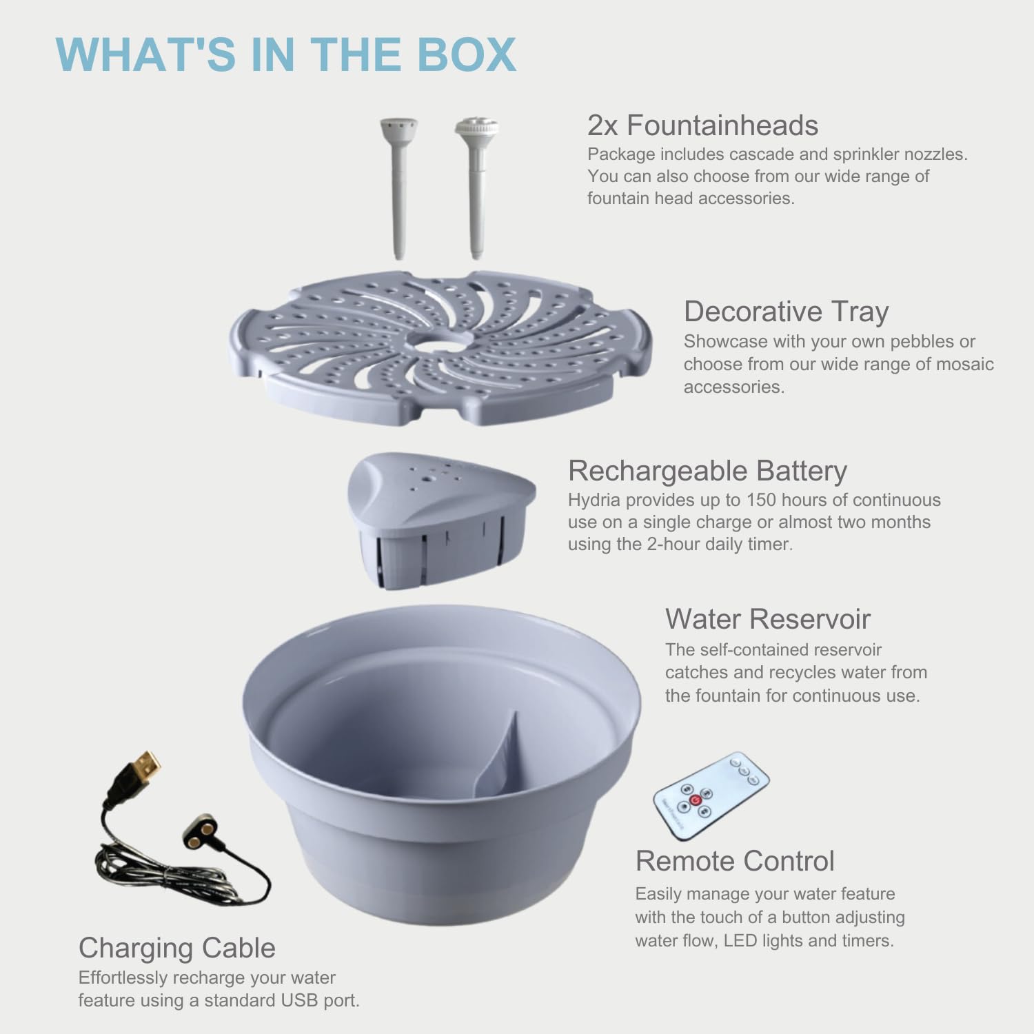 Hydria Water Fountain Kit – Convert Any Pot into a Beautiful Fountain | Rechargeable Battery, LED Lights & Remote Control | Indoor & Outdoor Use | Easy Setup (Pot Not Included) | Perfect for Gardens, Patios & Home Decor | British Brand