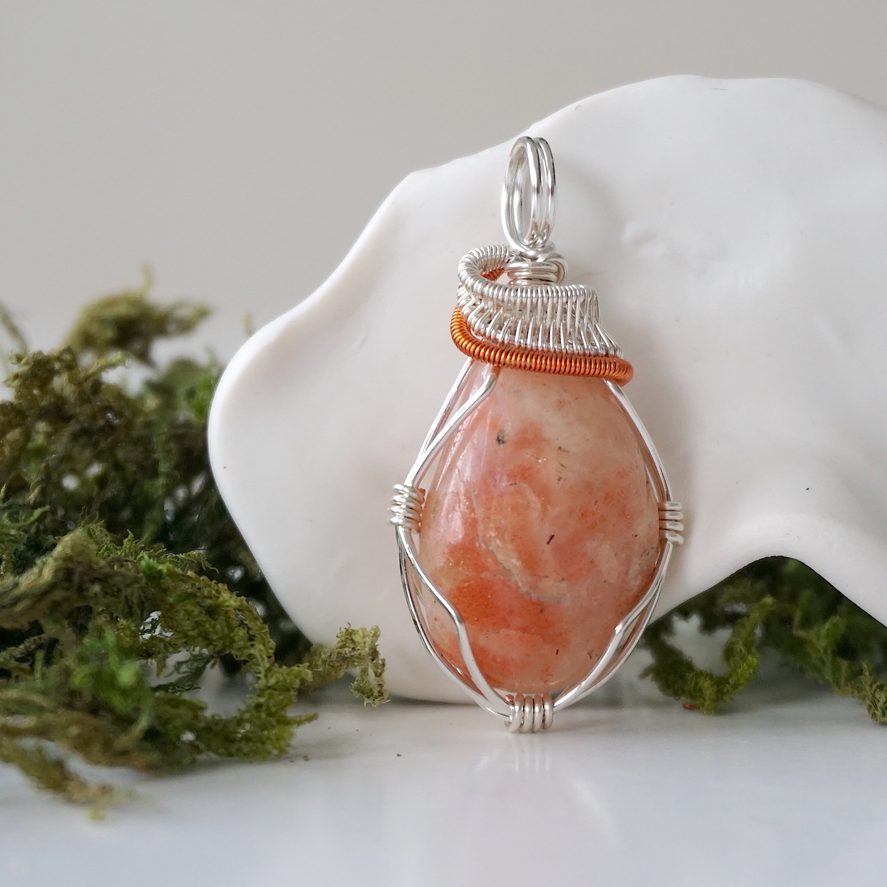 Sunstone Pendant Necklace - Sterling Silver & Copper Mixed Wire Handmade Jewelry for Women - Perfect for Spiritual Healing, Energy Work & Boho Fashion
