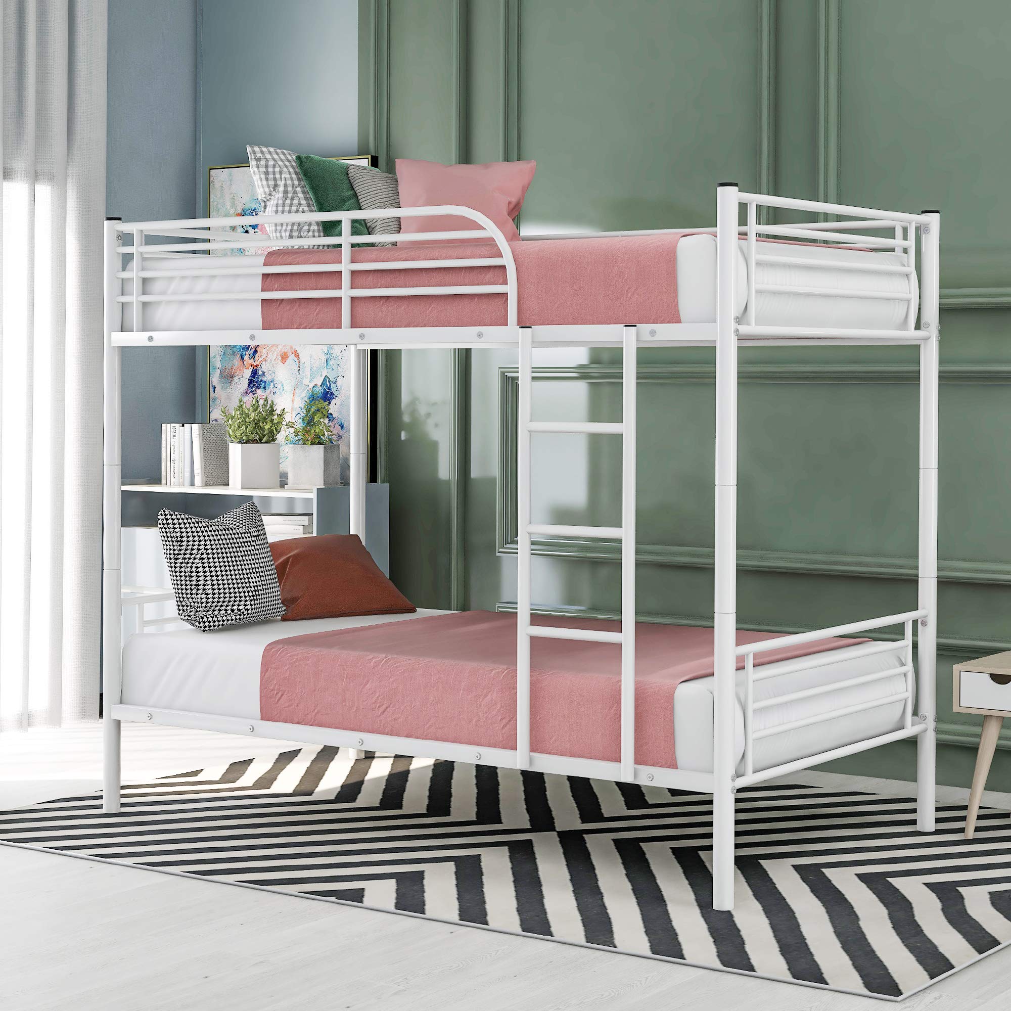KLMM Twin Over Twin Metal Bunk Bed with Ladder & Guardrails - Convertible to 2 Separate Twin Beds for Kids, Teens & Adults (White) - Perfect for Small Bedrooms, Dorms & Shared Kids' Rooms