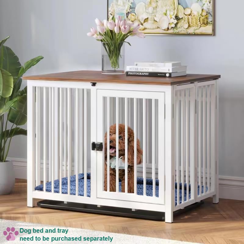Heavy Duty Dog Crate Furniture with Metal Frame & Wooden Tabletop - Fully Assembled Modern Kennel for Small Dogs, Foldable End Table in White/Rustic Brown - Perfect for Living Room, Bedroom & Pet-Friendly Spaces