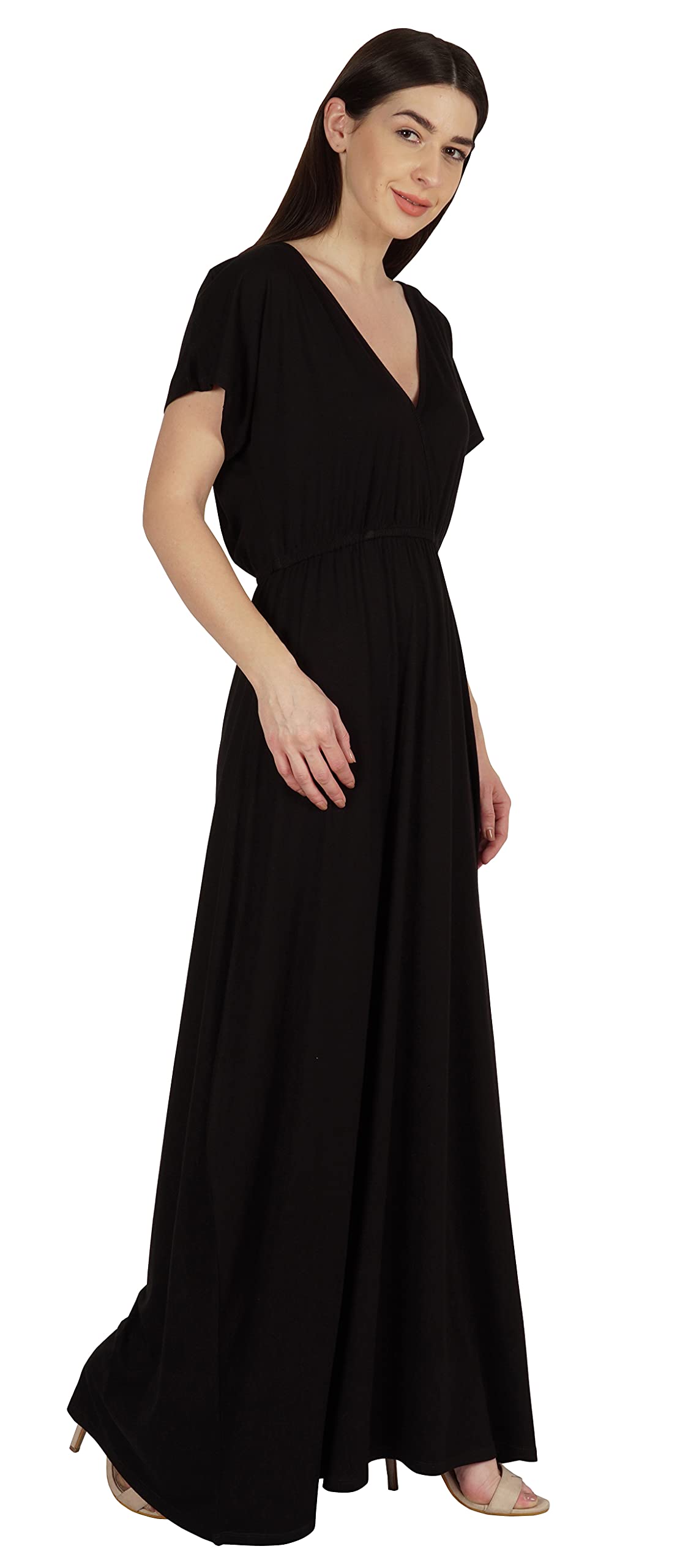 Inkmeso Wrap Style Jersey Maxi Dress - Gathered Waist Summer Casual Long Dress for Women | Beach Cover Up, Wedding Guest, Vacation Outfit