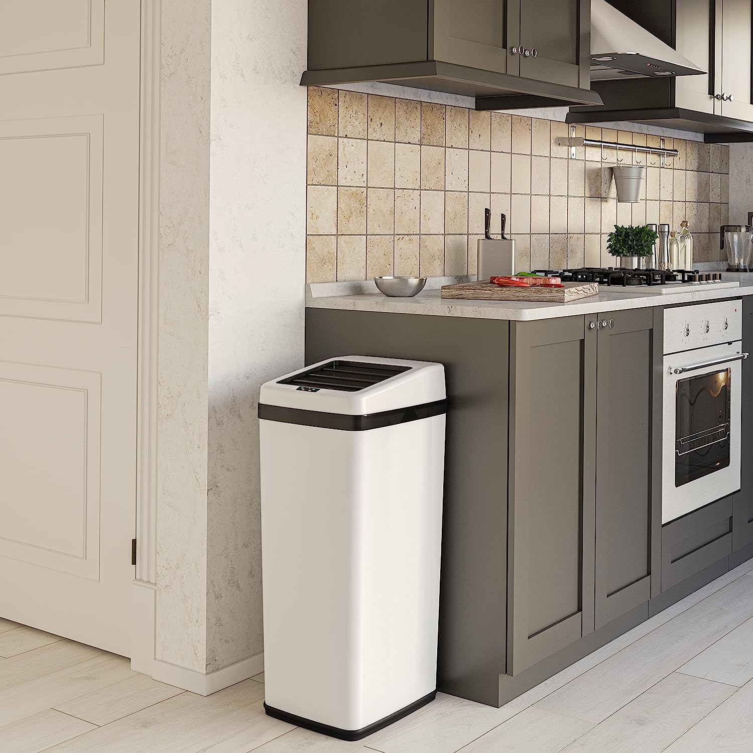 iTouchless 14 Gallon & 2.5 Gallon Automatic Sensor Trash Cans with AbsorbX Odor Control - Stainless Steel & White Kitchen & Bathroom Garbage Bins for Hands-Free Waste Disposal