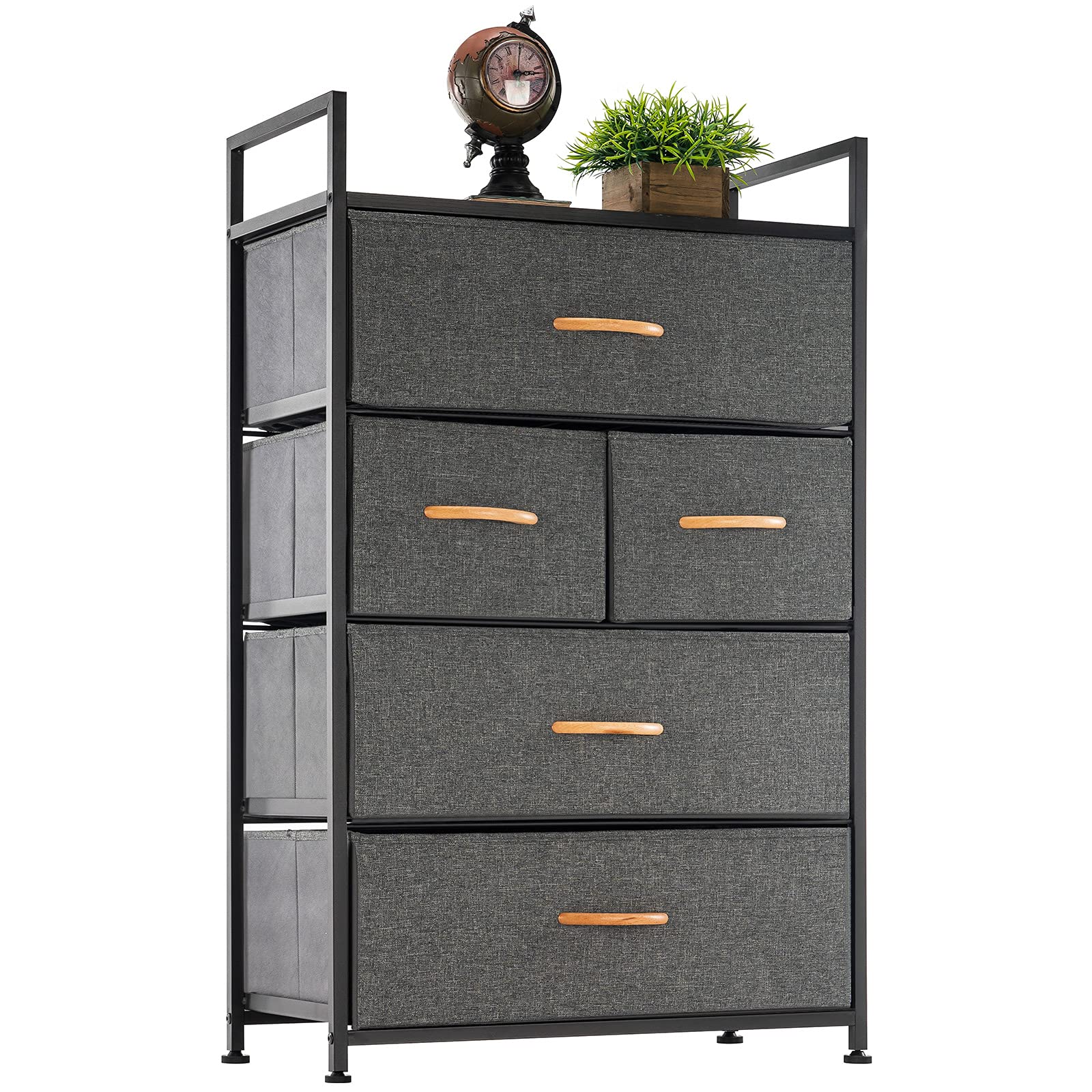TECHMILLY 5-Drawer Wooden Dresser Storage Organizer - Solid Wood Top Chest of Drawers for Bedroom, Office & Living Room | Space-Saving Furniture for Small Apartments & Closet Organization