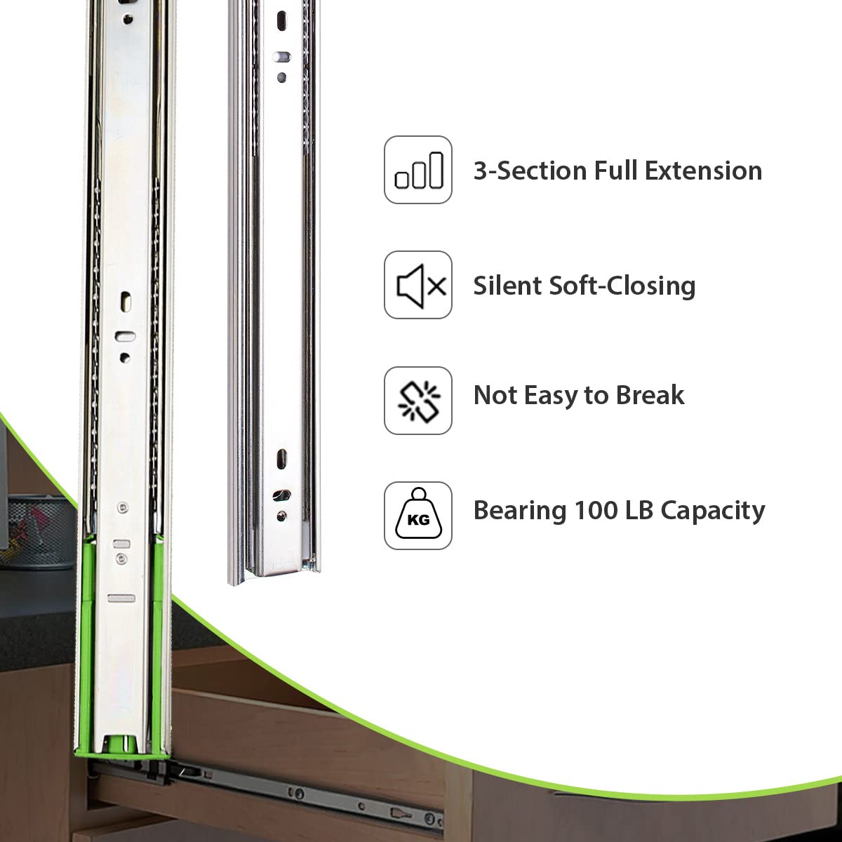 10 Pairs 22 Inch Soft-Close Full Extension Ball Bearing Drawer Slides - Heavy Duty Side Mount 3-Section Cabinet Slides for Kitchen, Office & Furniture Drawers