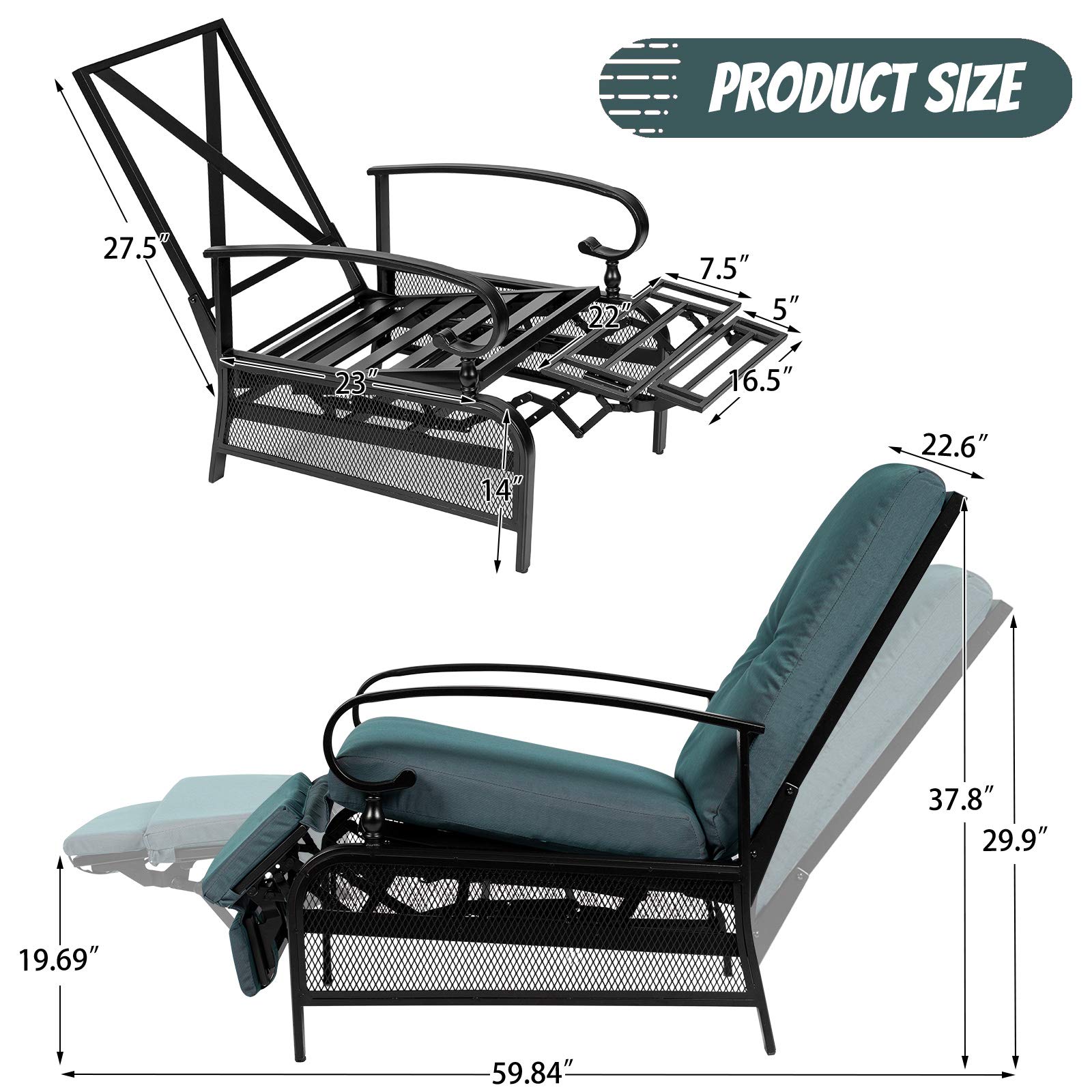 Incbruce Outdoor Lounge Chair - Adjustable Recliner Patio Furniture with Retractable Steel Frame & Removable Thick Cushions, Peacock Blue - Perfect for Poolside Relaxation, Backyard Lounging & Sunbathing
