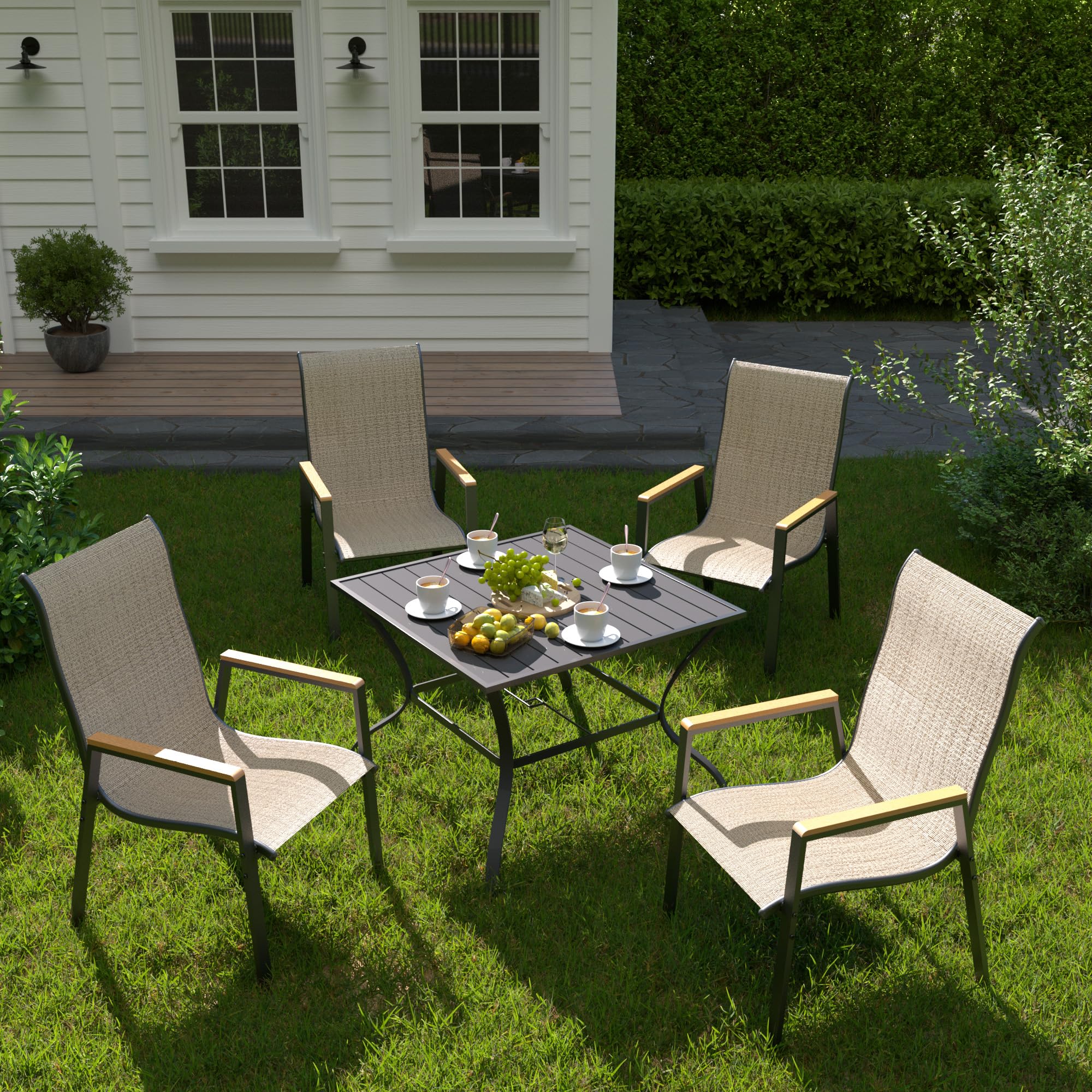 4-Piece UDPATIO Outdoor Stackable Dining Chairs Set - All-Weather Breathable Textilene & High Back Metal Frame - Perfect for Patio, Garden, Backyard, Deck & Poolside Relaxation (Brown)