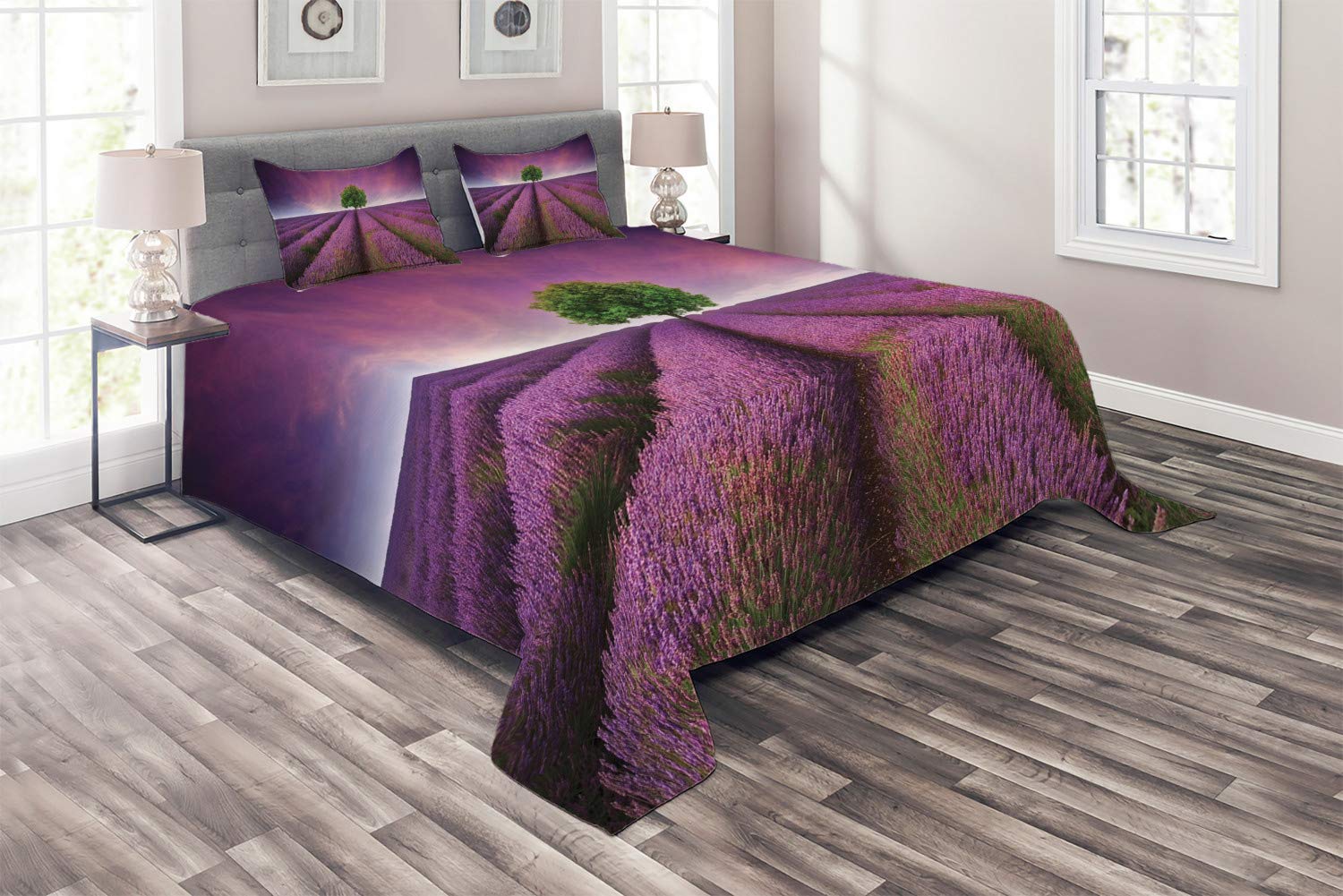 Ambesonne King Size 3-Piece Purple Quilted Bedspread Set with 2 Pillow Shams - Romantic Lavender Fields Panoramic Print, Decorative Bed Cover for Master Bedroom, Guest Room & Cozy Home Decor