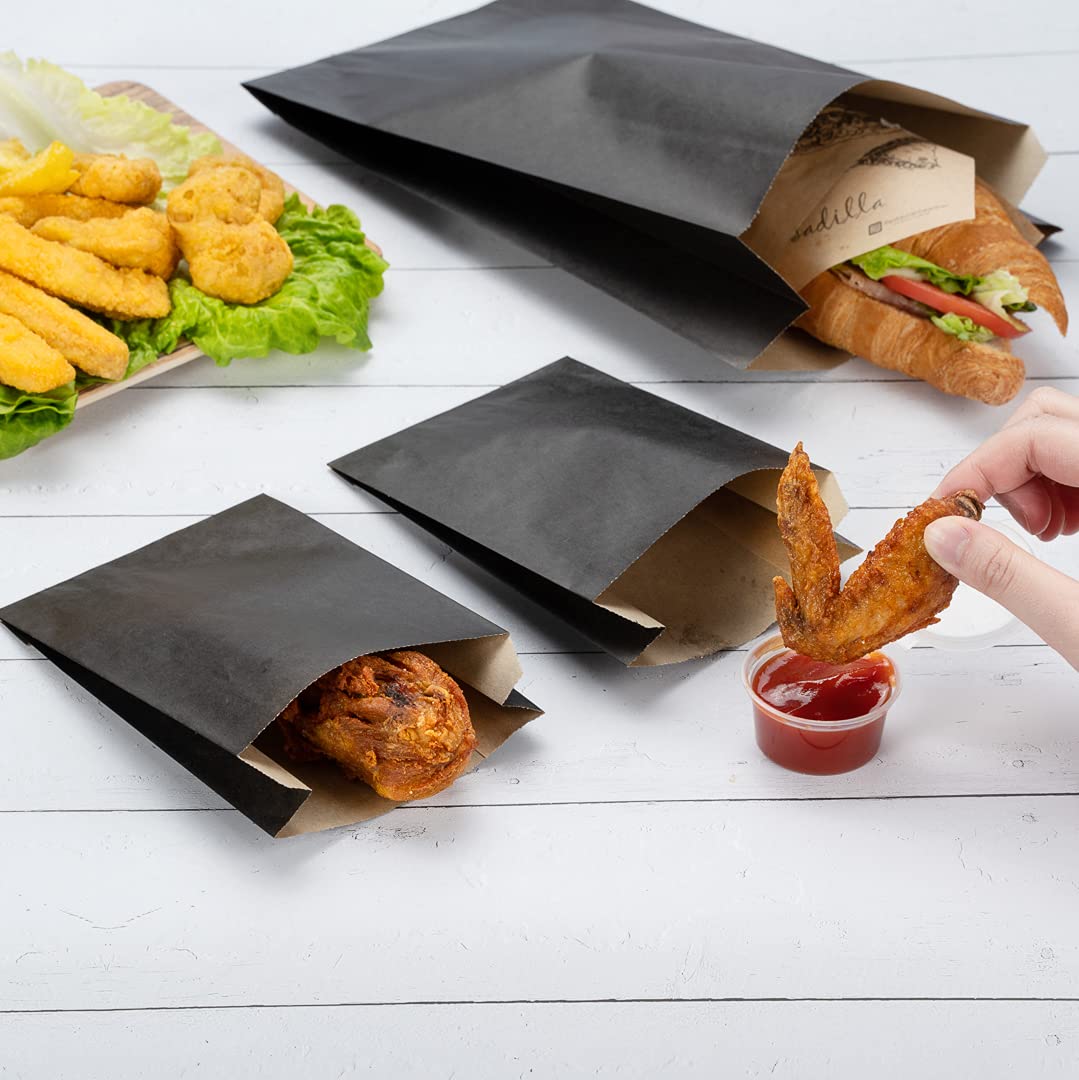 100-Pack Disposable Black Kraft Paper Snack Bags 4.3x1.5x6.3 Inch - Greaseproof Food Bags for French Fries, Popcorn, Cookies | Eco-Friendly Takeout Bags for Restaurants, Cafes & Movie Nights
