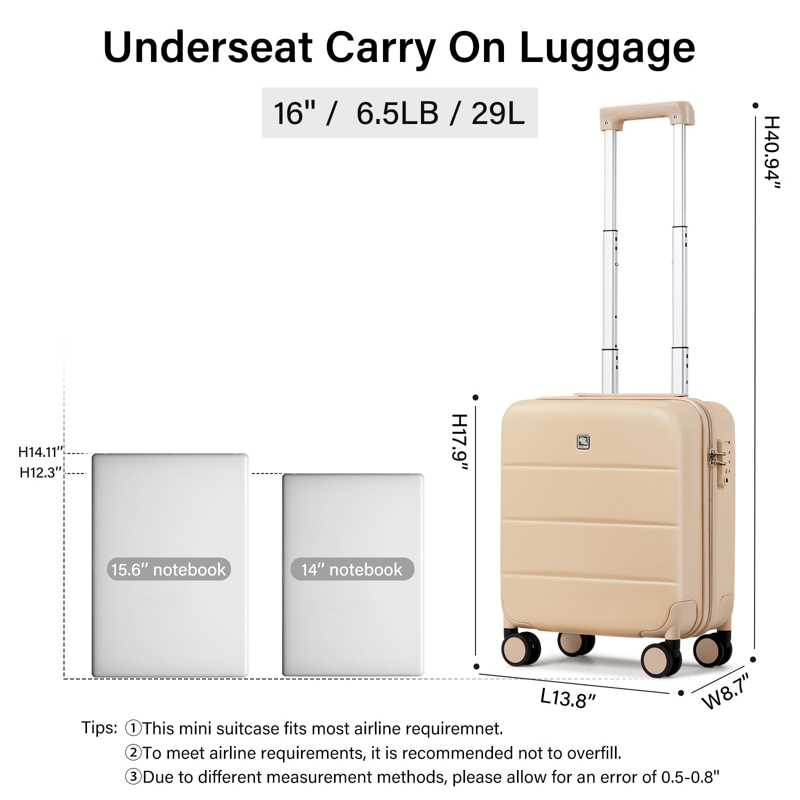 Hanke 16 Inch Underseat Carry On Luggage - Hard Shell Mini Suitcase with Wheels, TSA Approved Airline Travel Bag, Lightweight Small Suitcase for Women & Men (Cuba Sand) - Perfect for Business Trips, Weekend Getaways & Airplane Cabin Storage