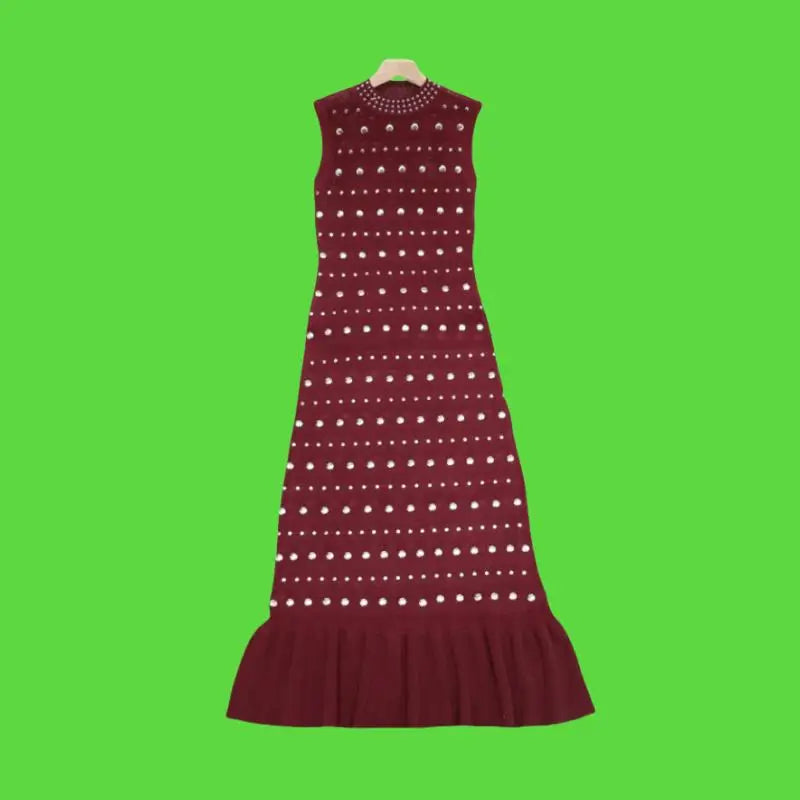 Black Diamond Sleeveless Ruffle Edge Knitted Dress for Women - Summer Red Elegant Round Neck Office Slim Wrap Hip Long Dress - Perfect for Work, Cocktail Parties & Date Nights