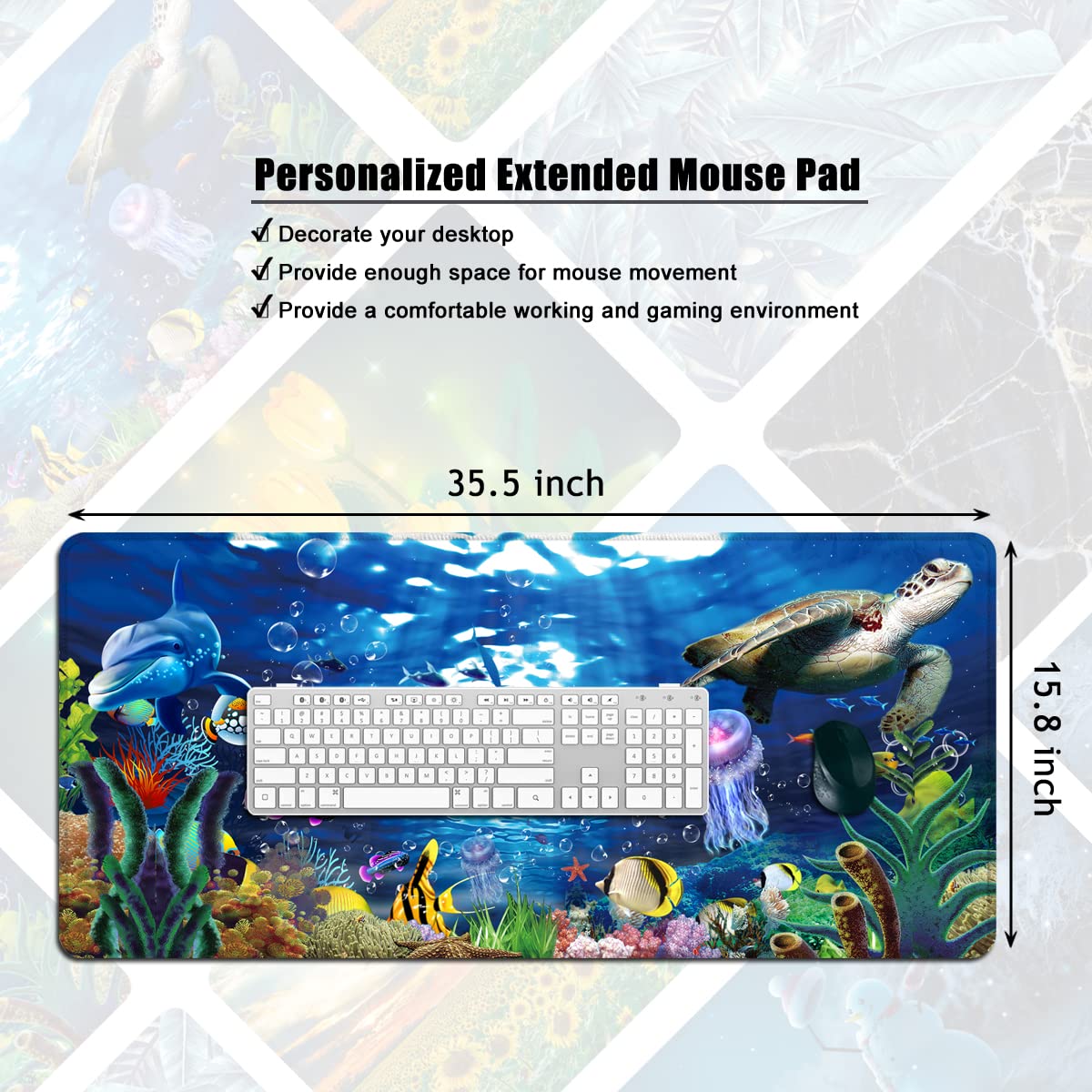 Extra Large Gaming Mouse Pad 35.5x15.8 Inch - Blue Underwater World Turtle Design XXL Mouse Mat for PC, Laptop & Office Desk - Perfect for Gamers, Work & Home Office Setup