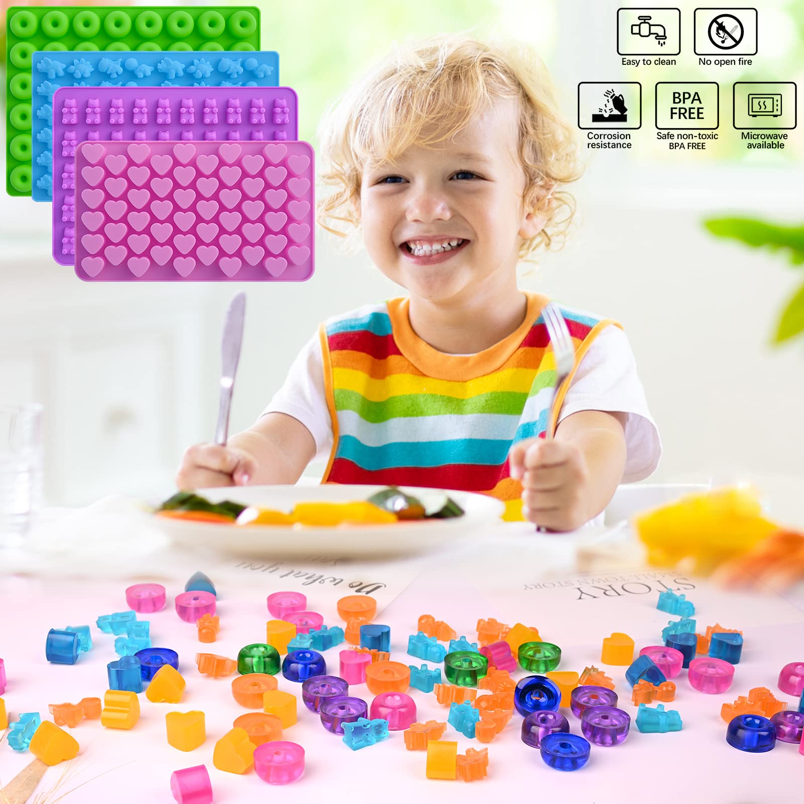 Sakolla 4-Pack Mini Silicone Gummy Candy Molds with 2 Droppers - Dinosaur, Bear, Heart & Donut Shapes for Chocolate, Candies & DIY Treats - Perfect for Kids' Birthday Parties, Baking Decorations & Homemade Snacks