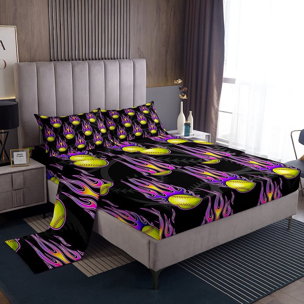 Homewish Volleyball Sheet Set Twin - Purple Flame Bedding for Kids, Teens & Adults | Sporty Black 3-Piece Set with Deep Pocket Fitted Sheet, Flat Sheet & Pillowcase | Perfect for Dorm Rooms, Game Day Decor & Sports-Themed Bedrooms