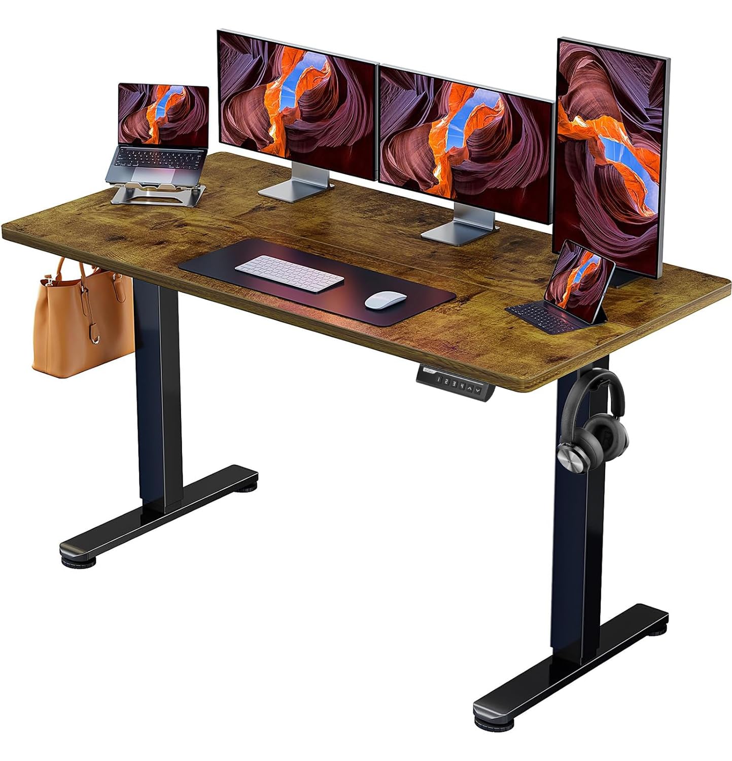 ErGear Electric Standing Desk 63 x 28 Inches - Height Adjustable Sit Stand Desk with Memory Function & Splice Board, Vintage Brown - Perfect for Home Office, Gaming & Workspace Ergonomics