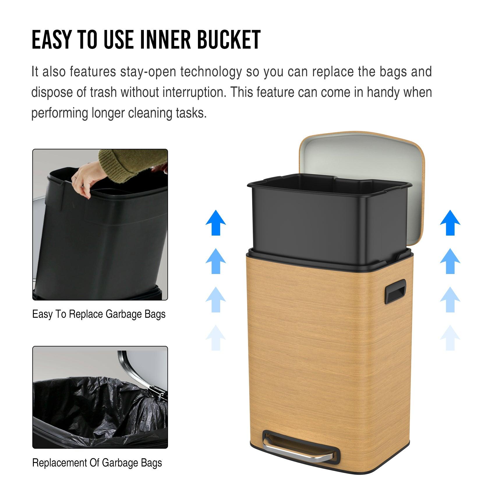 13 Gallon 50L Stainless Steel Rectangular Trash Can with Foot Pedal - Soft Close Lid, Wood Texture Design - Includes 30 Garbage Bags - Perfect for Kitchen, Office, or Bathroom Waste Disposal