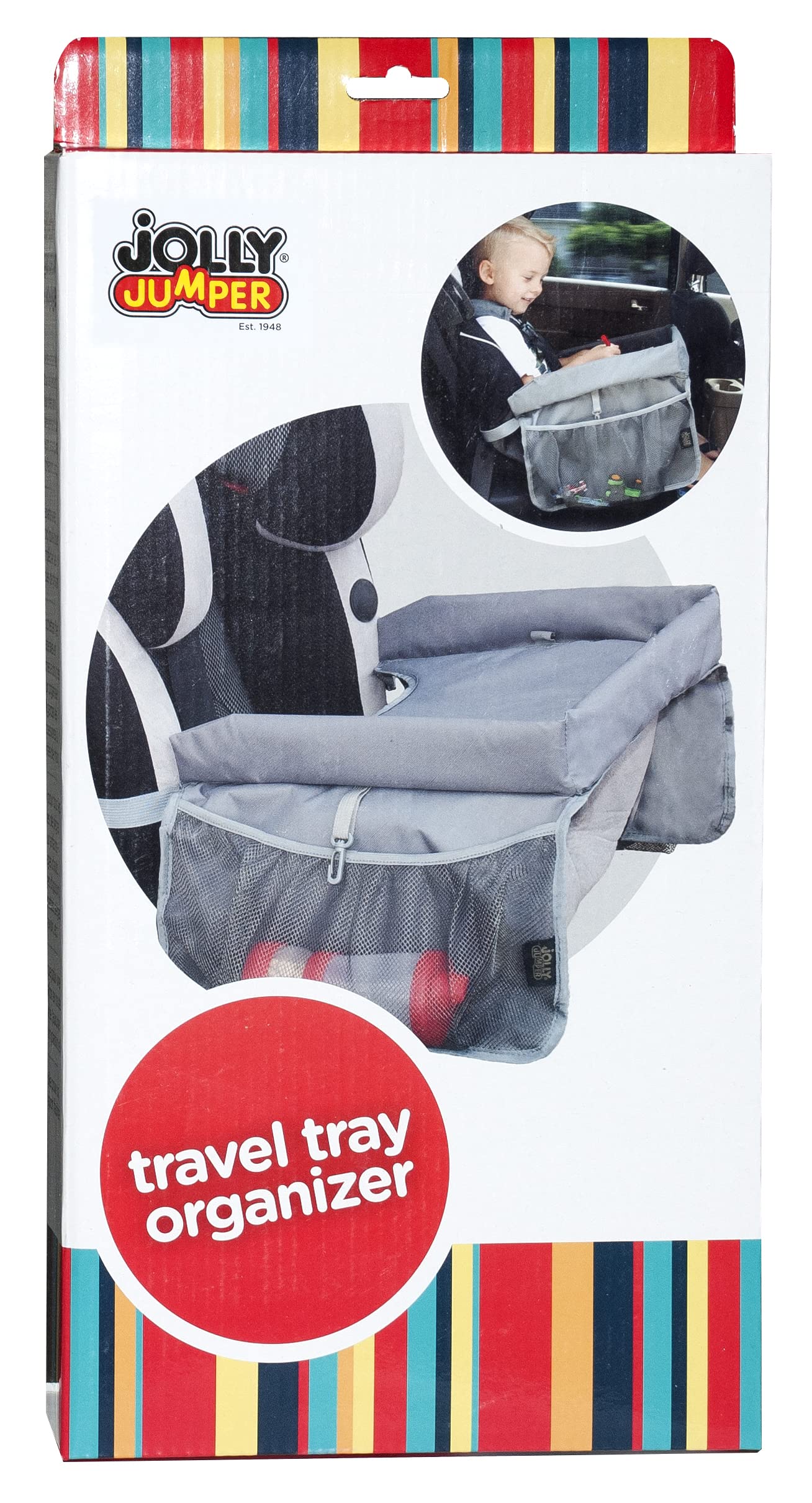 Jolly Jumper Travel Tray Organizer for Kids - Grey Car Seat Organizer with Storage Pockets - Perfect for Road Trips, Airplane Travel & Baby Strollers