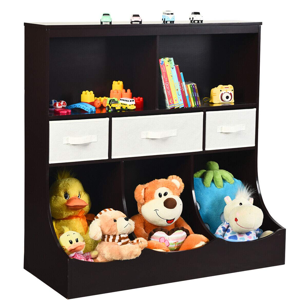 Costzon 3-Tier Kids Bookcase with 8 Compartment Boxes & 3 Removable Drawers - Wooden Toddler Storage Organizer Cabinet Shelf for Bedroom, Nursery, Playroom - Freestanding Children's Bookshelf & Toy Storage Unit (Espresso) - Perfect for Organizing Books, Toys & Room Decor
