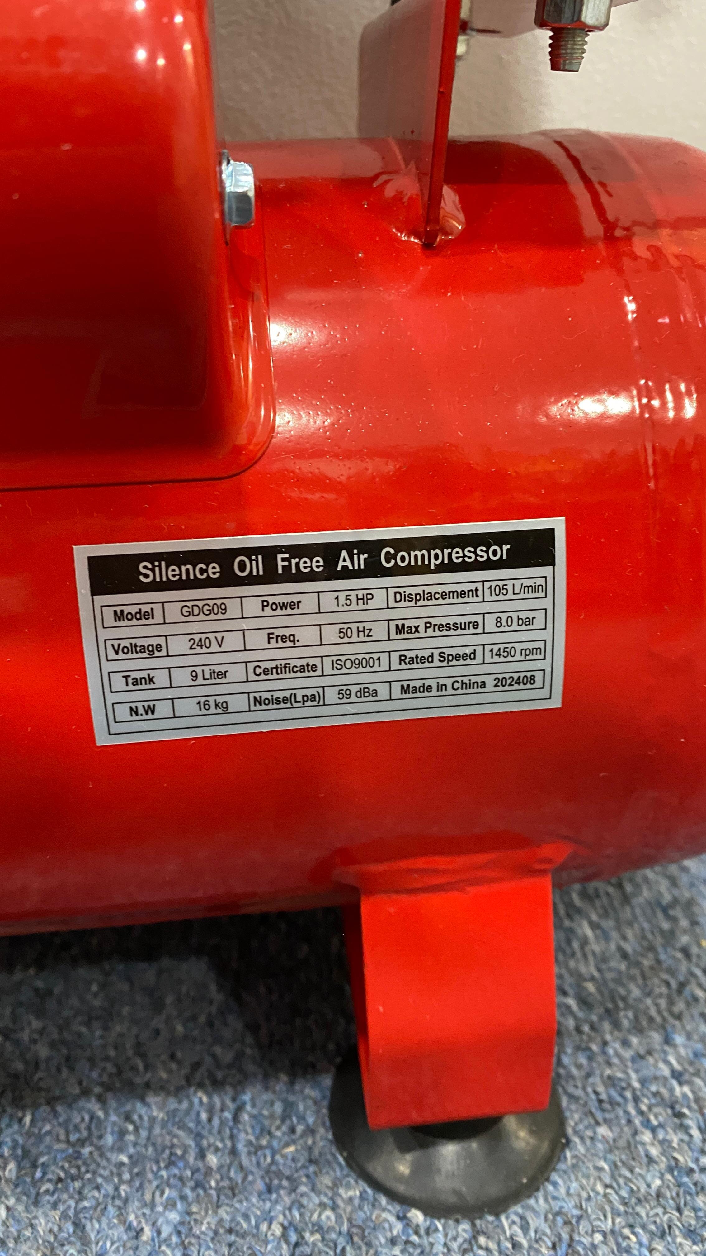**Aiko 1.5HP 9L Oil-Free & Silent Air Compressor (Red) - Model GDG09 RED | Portable & Quiet for Home DIY, Car Tires, Airbrushing & Inflatable Toys**