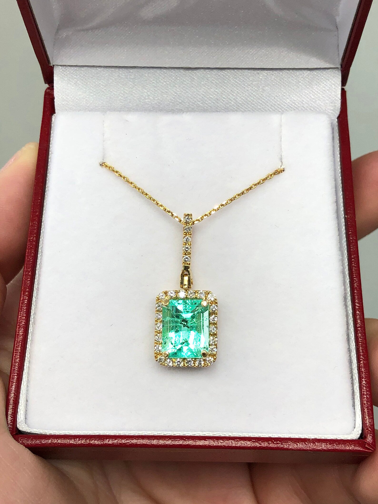 4.18TCW Natural Colombian Emerald & Diamond Halo Pendant in 14K Gold - Elegant Jewelry Gift for Women, Perfect for Weddings, Anniversaries & Special Occasions