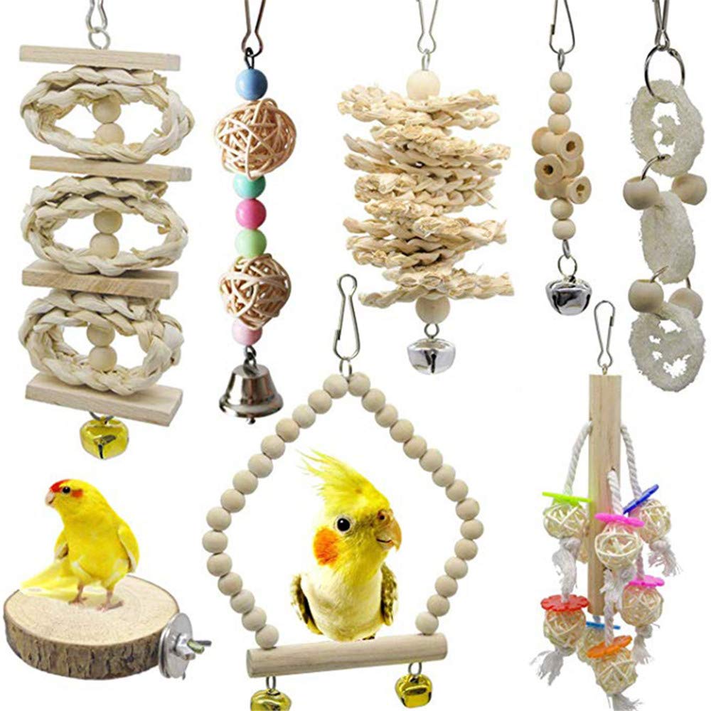 8 Pcs Natural Wood Bird Chewing Hanging Bell Toys for Budgie Cockatiel Lovebirds Parrot - Safe & Fun Small Medium Bird Toys for Cage Play & Mental Stimulation