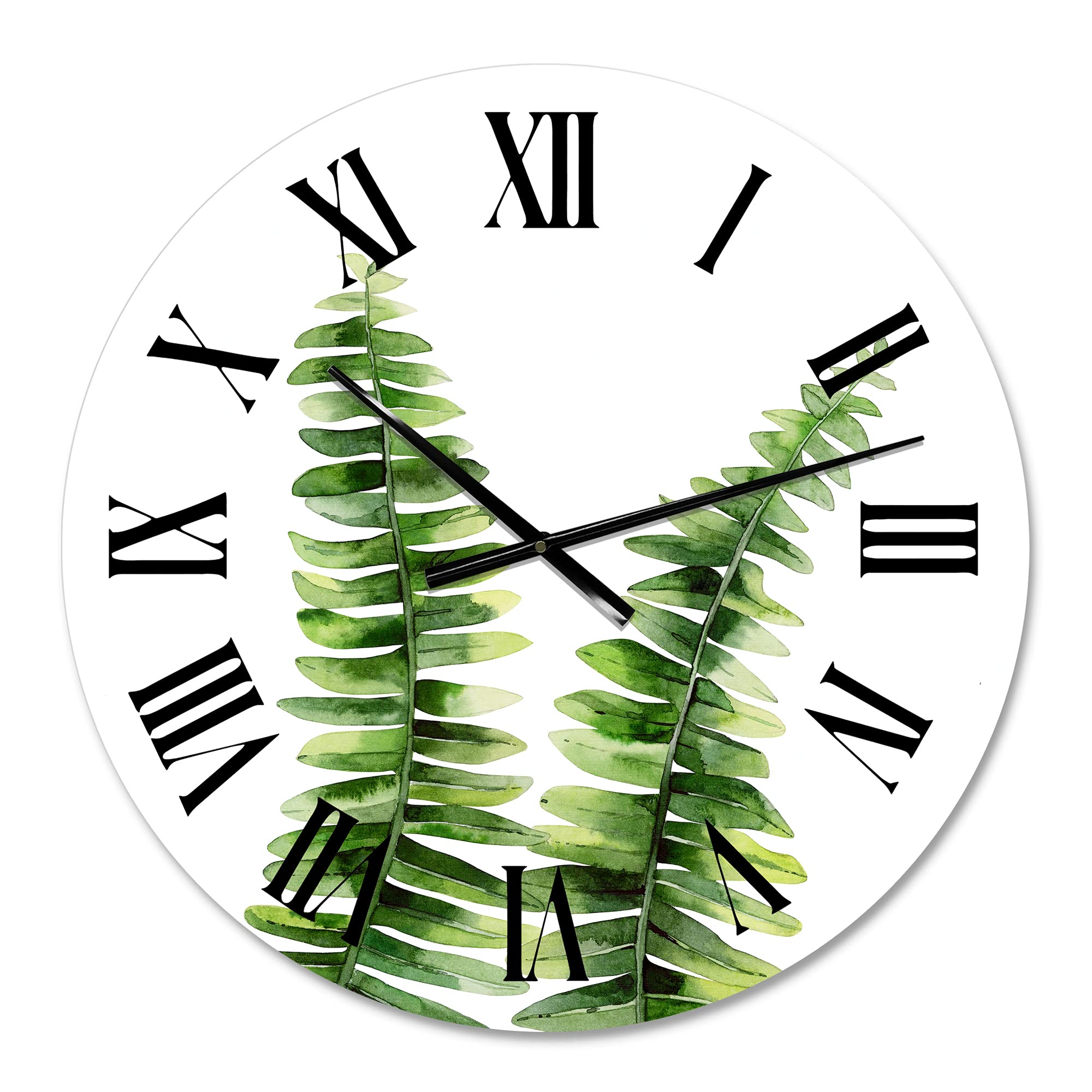 DesignQ Tropical Wall Clock 'Fern Plant in Green Botanical Detail' - Large Floral & Botanical Wall Clock for Home, Office, Kitchen Decor | Perfect for Living Room, Bedroom & Indoor Spaces