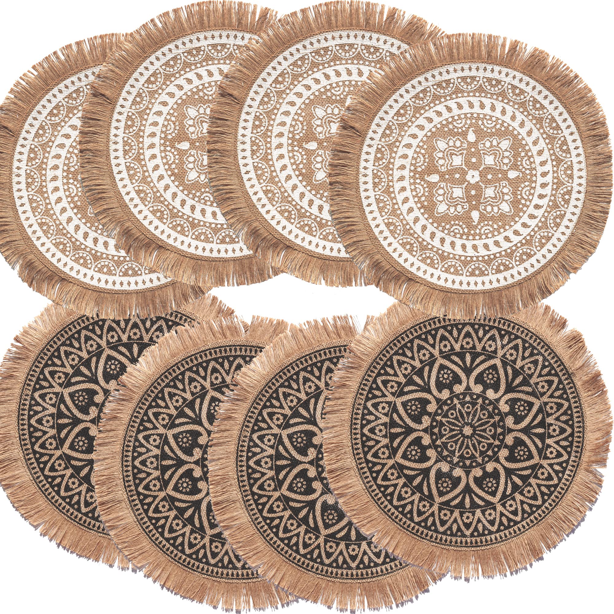 Set of 8 Round Burlap Placemats - 15 Inch Mandala & Boho Style (4 Black, 4 White) for Wedding, Farmhouse, Party, and Home Decor - Durable Table Mats for Dining, Kitchen, and Special Events