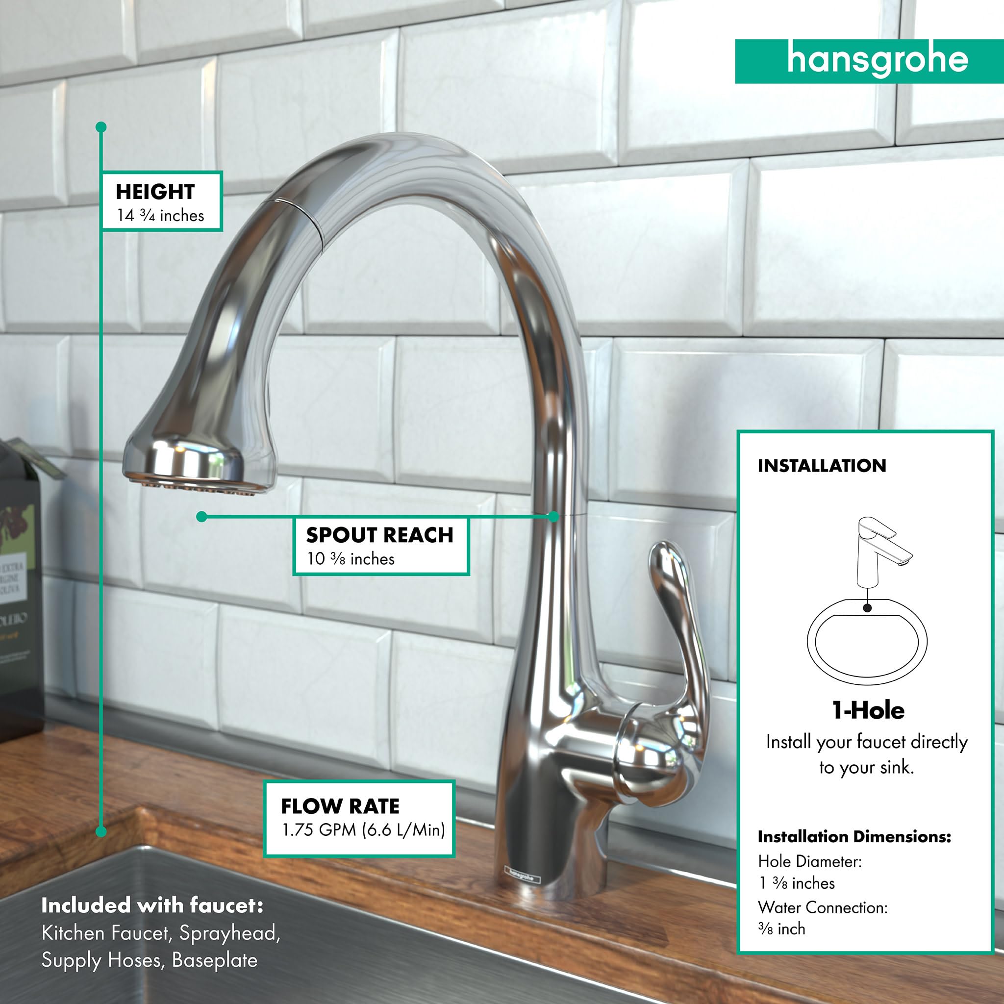 Hansgrohe Allegro E Gourmet Chrome High Arc Pull-Down Kitchen Faucet with Magnetic Docking Spray Head - 14.75