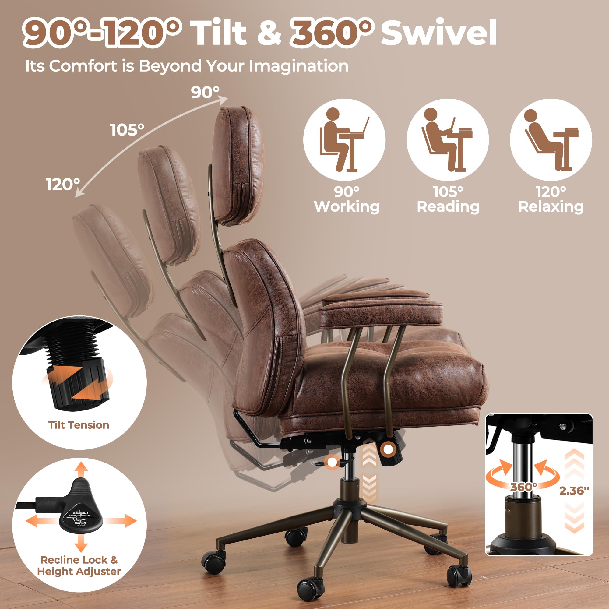 Ovios Ergonomic Home Office Chair - Mid-Century Modern Faux Leather Executive Chair with Thickened Cushions, High Back Support & Smooth Swivel Wheels - Comfortable Computer Desk Chair for Work, Gaming & Study (Dark Brown, Suede Leather) - Perfect for Home Office, Conference Room & Workspace