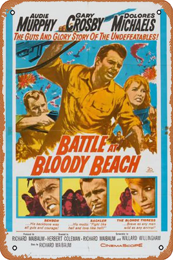 Vintage Metal Tin Sign - Battle at Bloody Beach Movie Poster - 8x12 Inch Retro Wall Art for Home Bar, Man Cave, Kitchen, Garage, Bathroom Decor - Perfect for Themed Rooms & Gift Giving